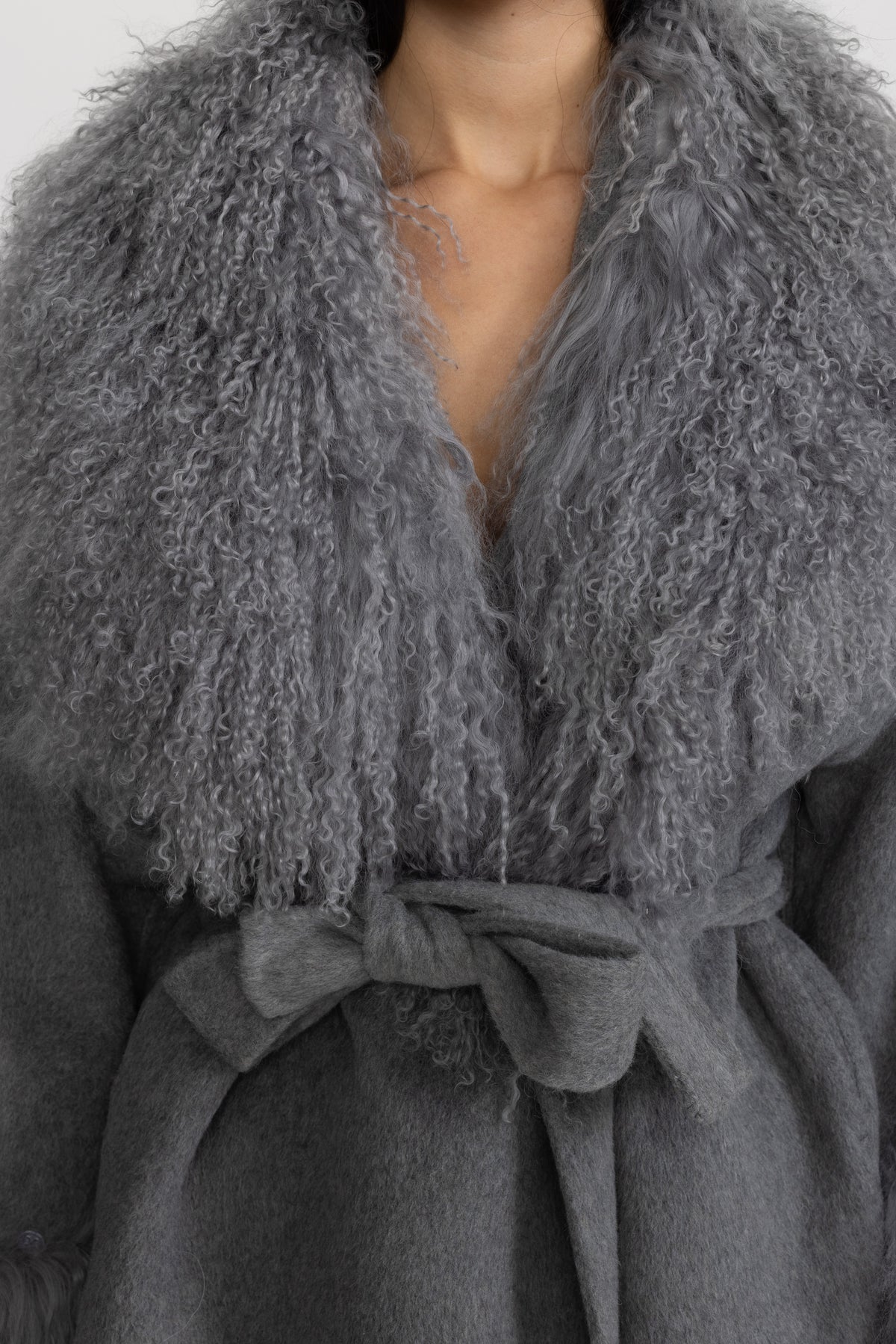 Belted Wool Jacket with Curly Fur-Effect Collar and Cuffs - Grey