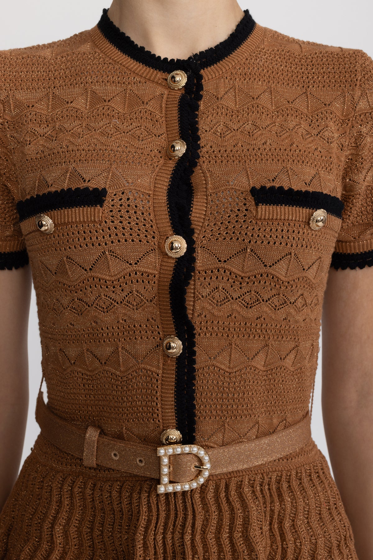 Metallic Pointelle Knit Belted Dress with Contrast Trim - Caramel