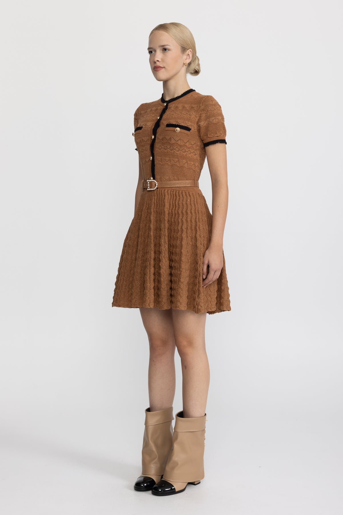 Metallic Pointelle Knit Belted Dress with Contrast Trim - Caramel