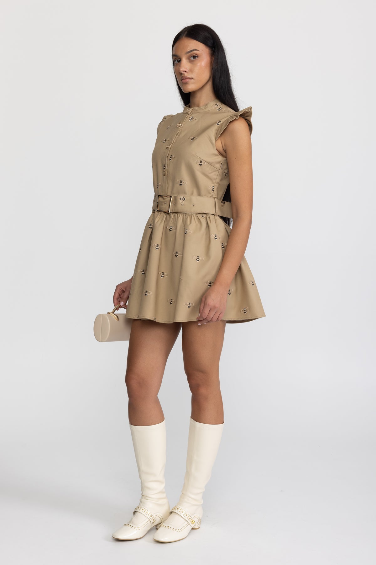 Robe mini en coton brodé d’abeilles avec ceinture - kaki