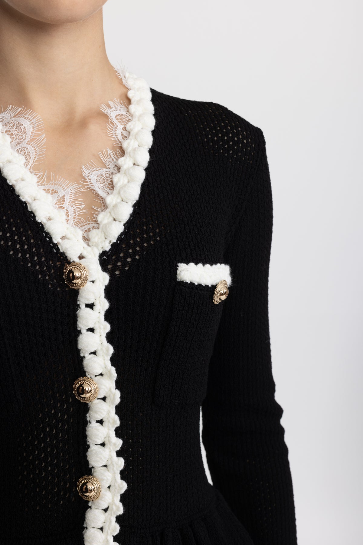 Robe longue à basque en maille crochetée bordée de dentelle - Noir