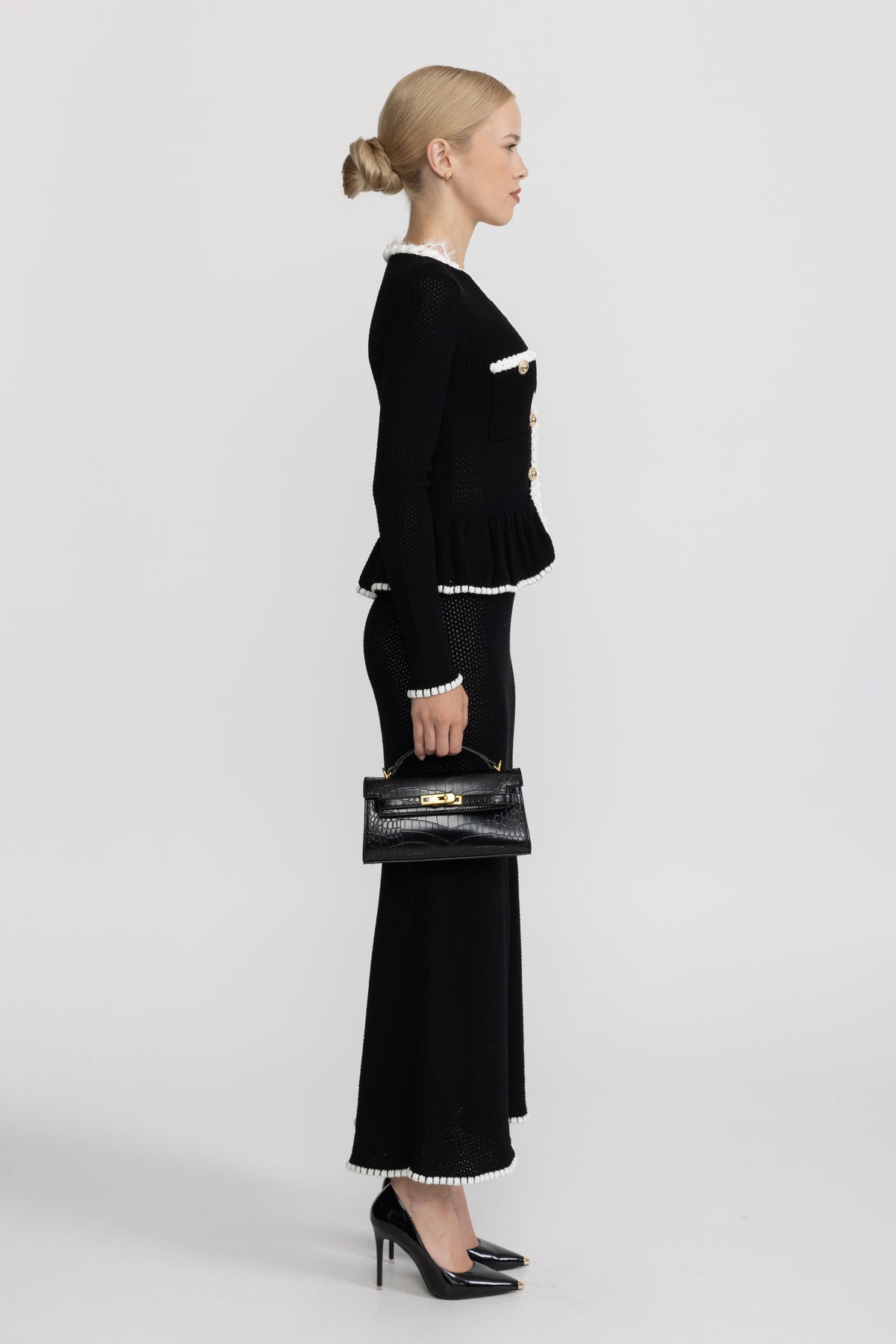 Robe longue à basque en maille crochetée bordée de dentelle - Noir