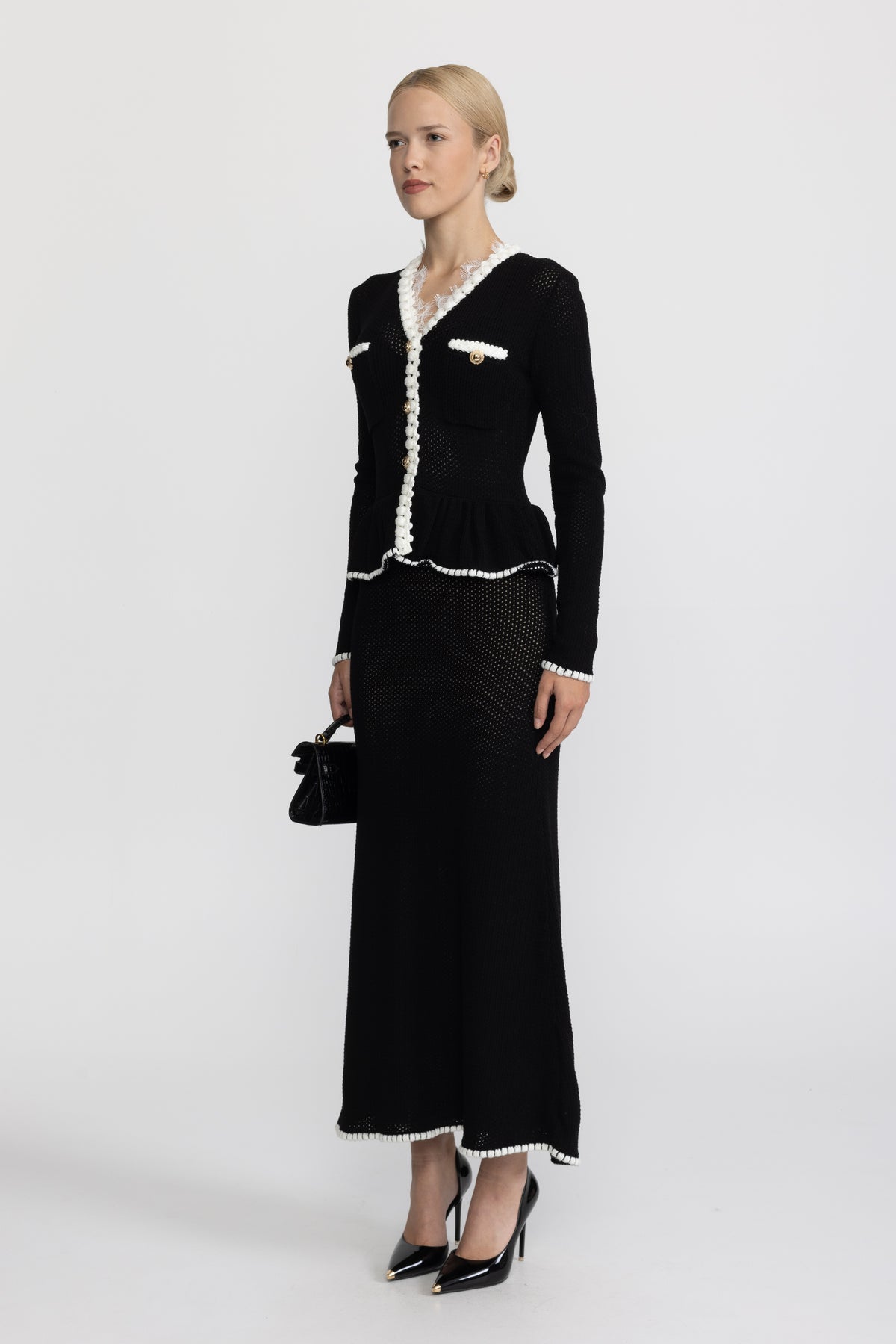 Robe longue à basque en maille crochetée bordée de dentelle - Noir