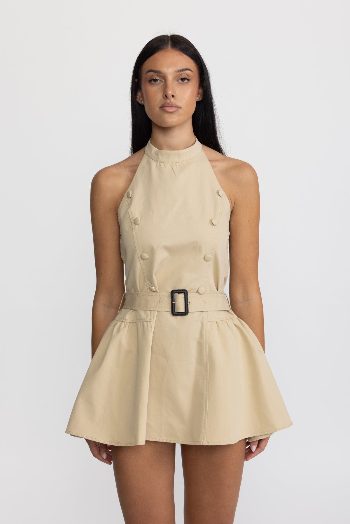 Halter Trench Mini Dress with Detachable Capelet - Khaki