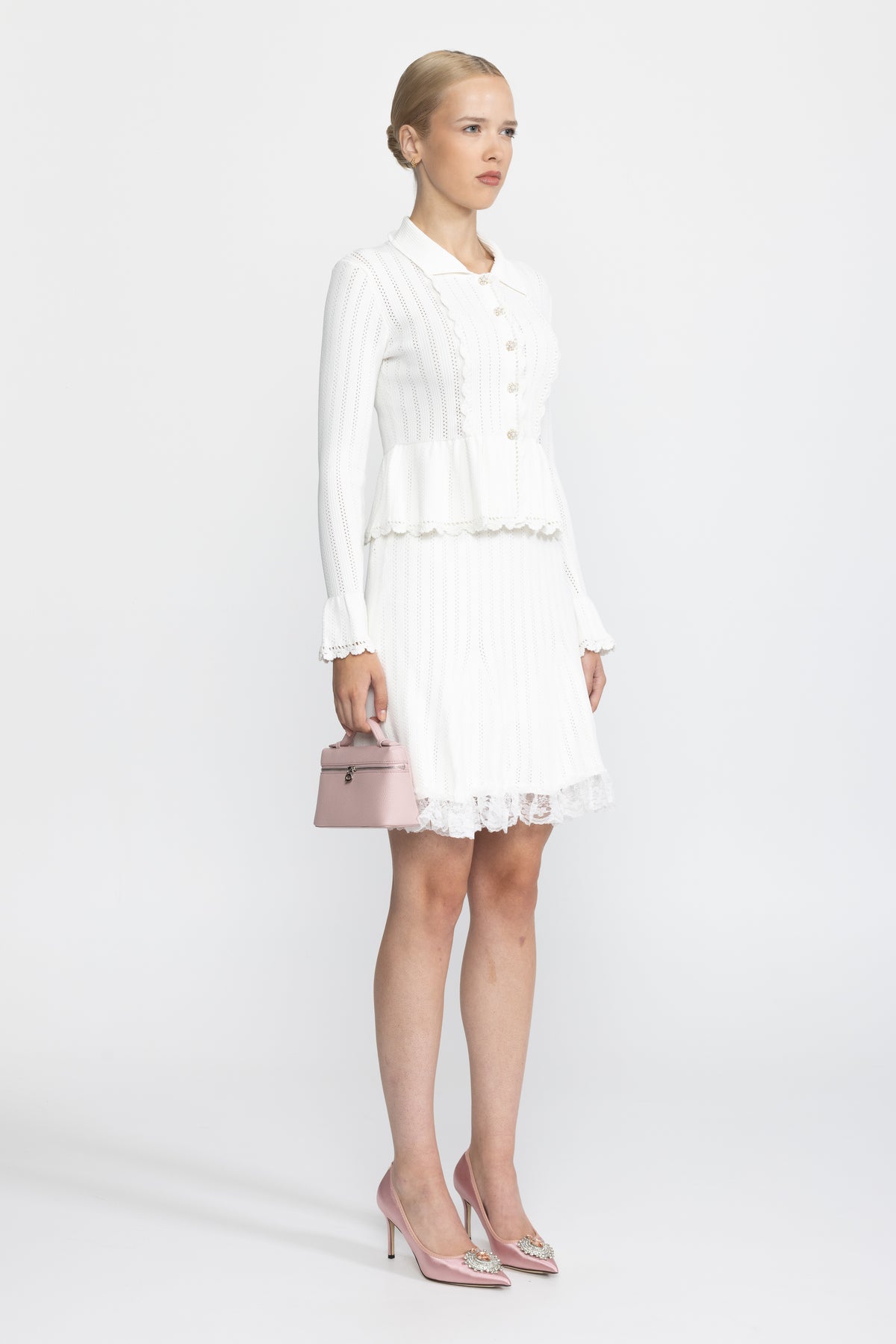 Ensemble coordonné cardigan péplum en maille pointelle et jupe à ourlet en dentelle - Blanc