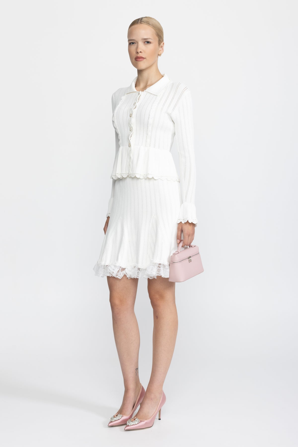 Ensemble coordonné cardigan péplum en maille pointelle et jupe à ourlet en dentelle - Blanc