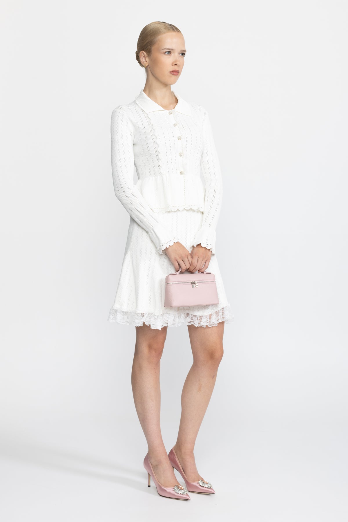 Ensemble coordonné cardigan péplum en maille pointelle et jupe à ourlet en dentelle - Blanc