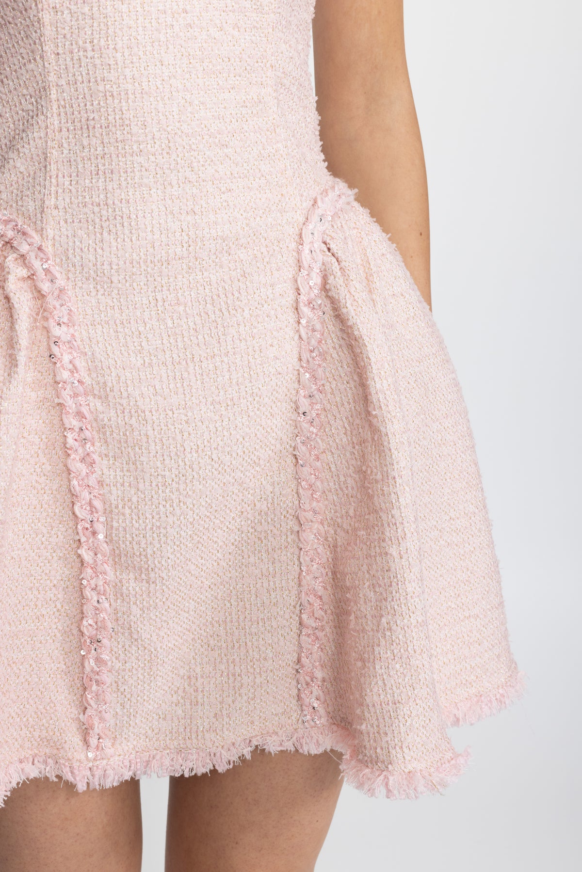 Frayed Trim Tweed Sculpted Mini Dress - Pink