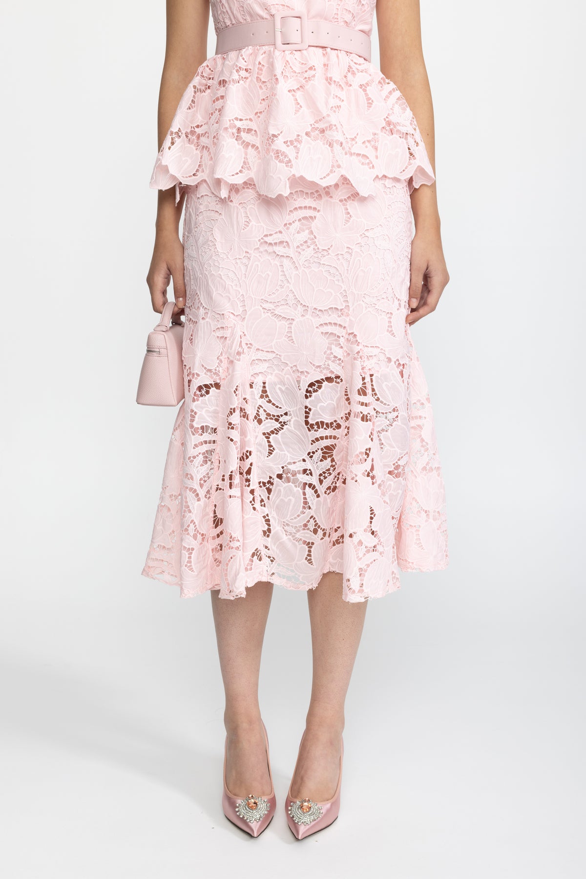 Robe midi à basque en dentelle guipure - Rose