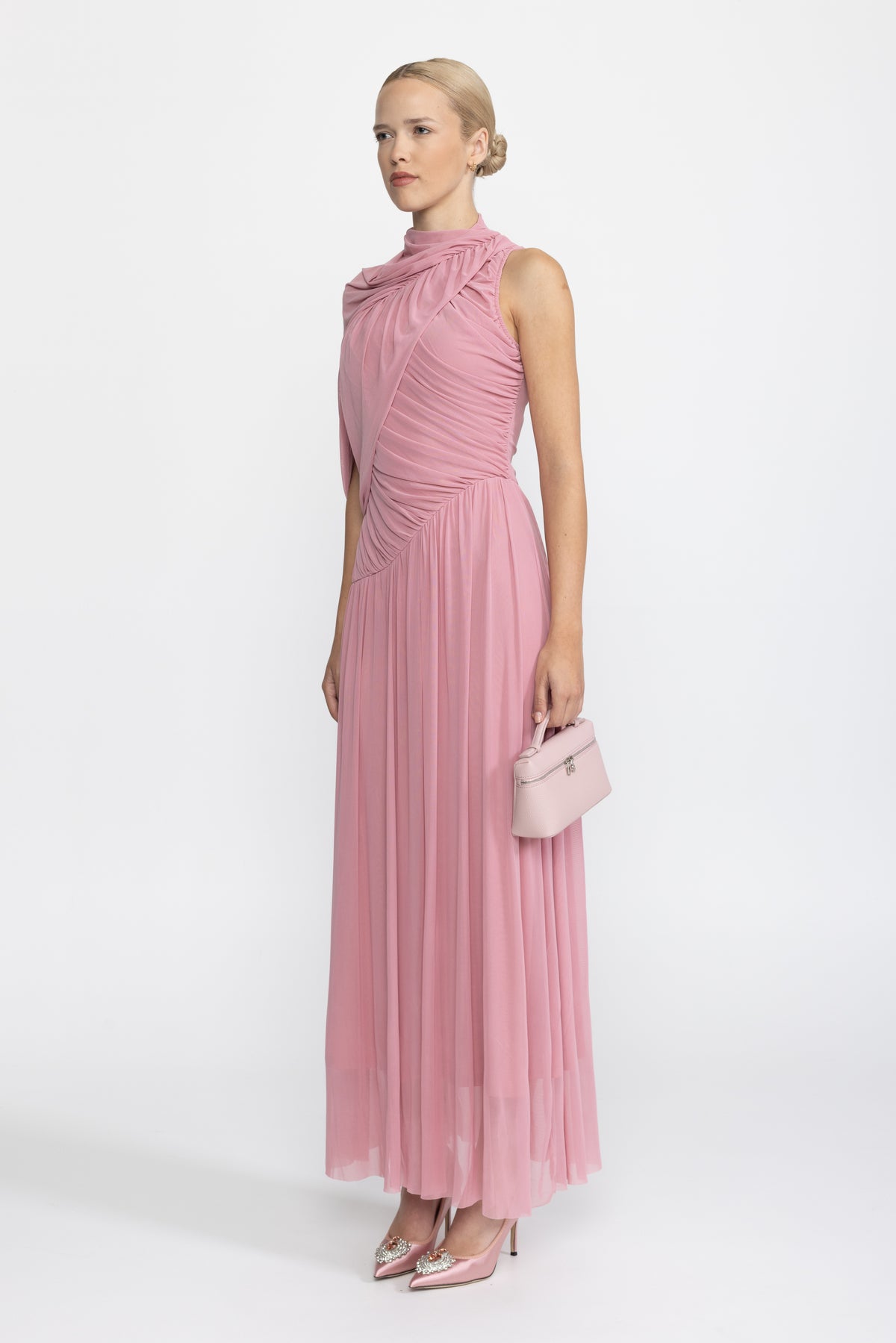 Robe longue en maille à col écharpe drapé - Rose