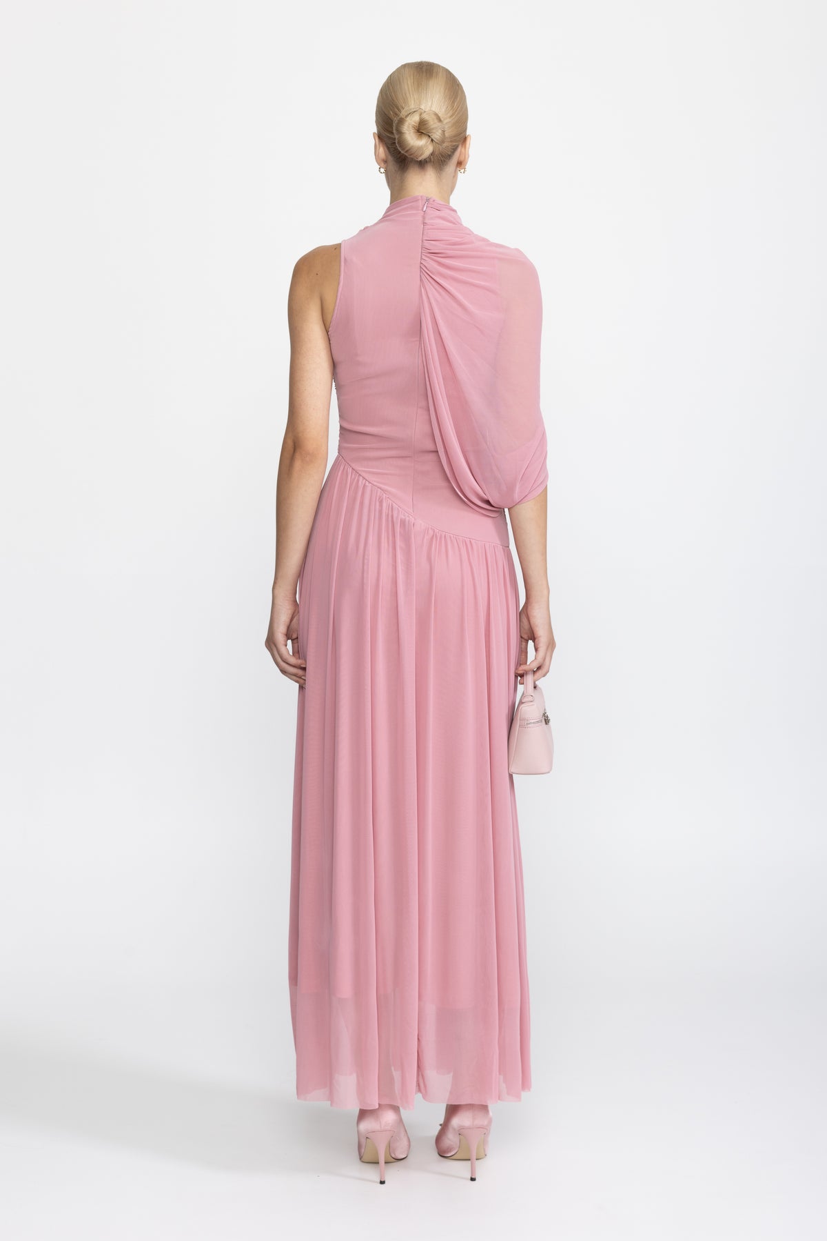 Robe longue en maille à col écharpe drapé - Rose