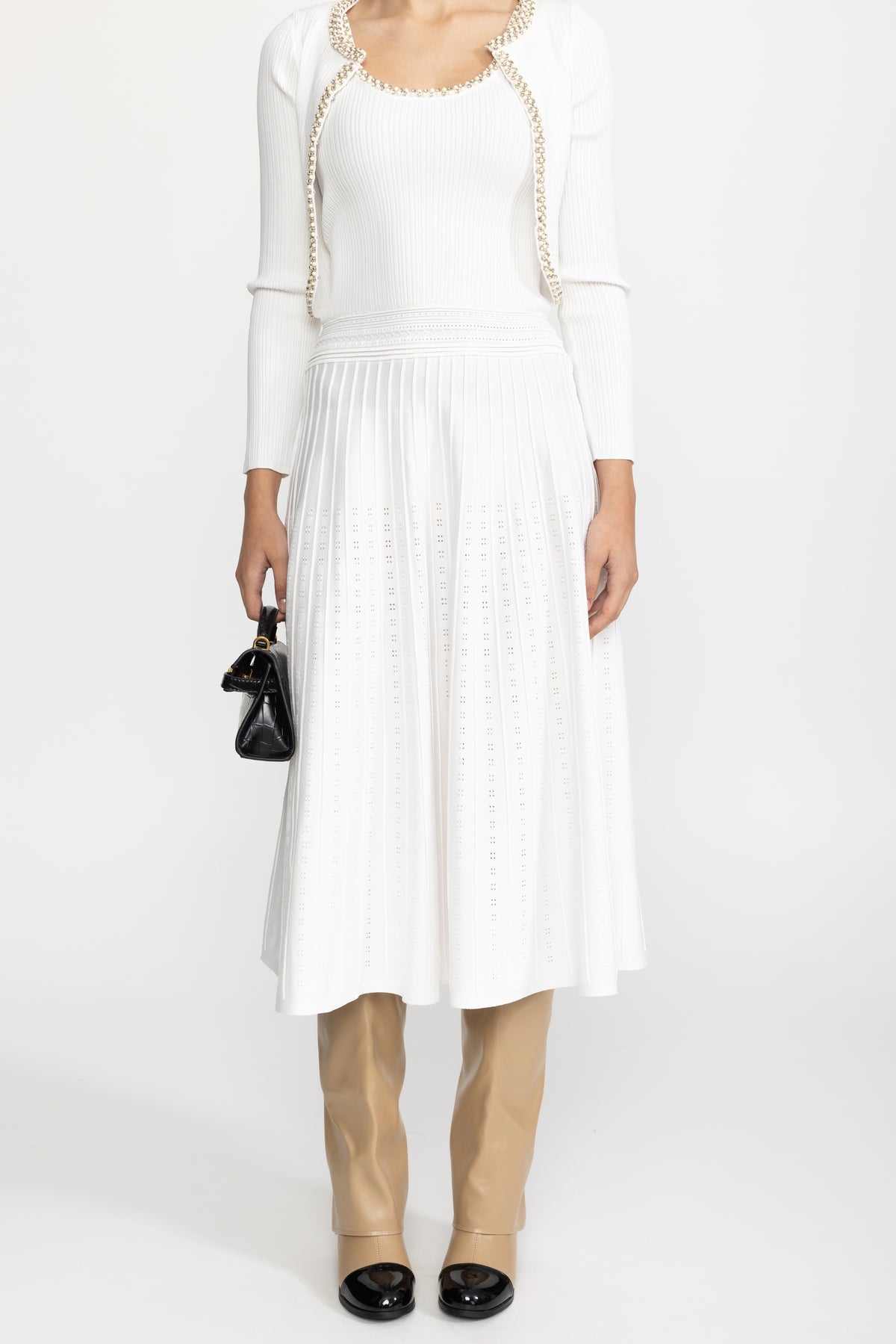 Robe midi en maille à débardeur bordée de perles avec boléro - Blanc