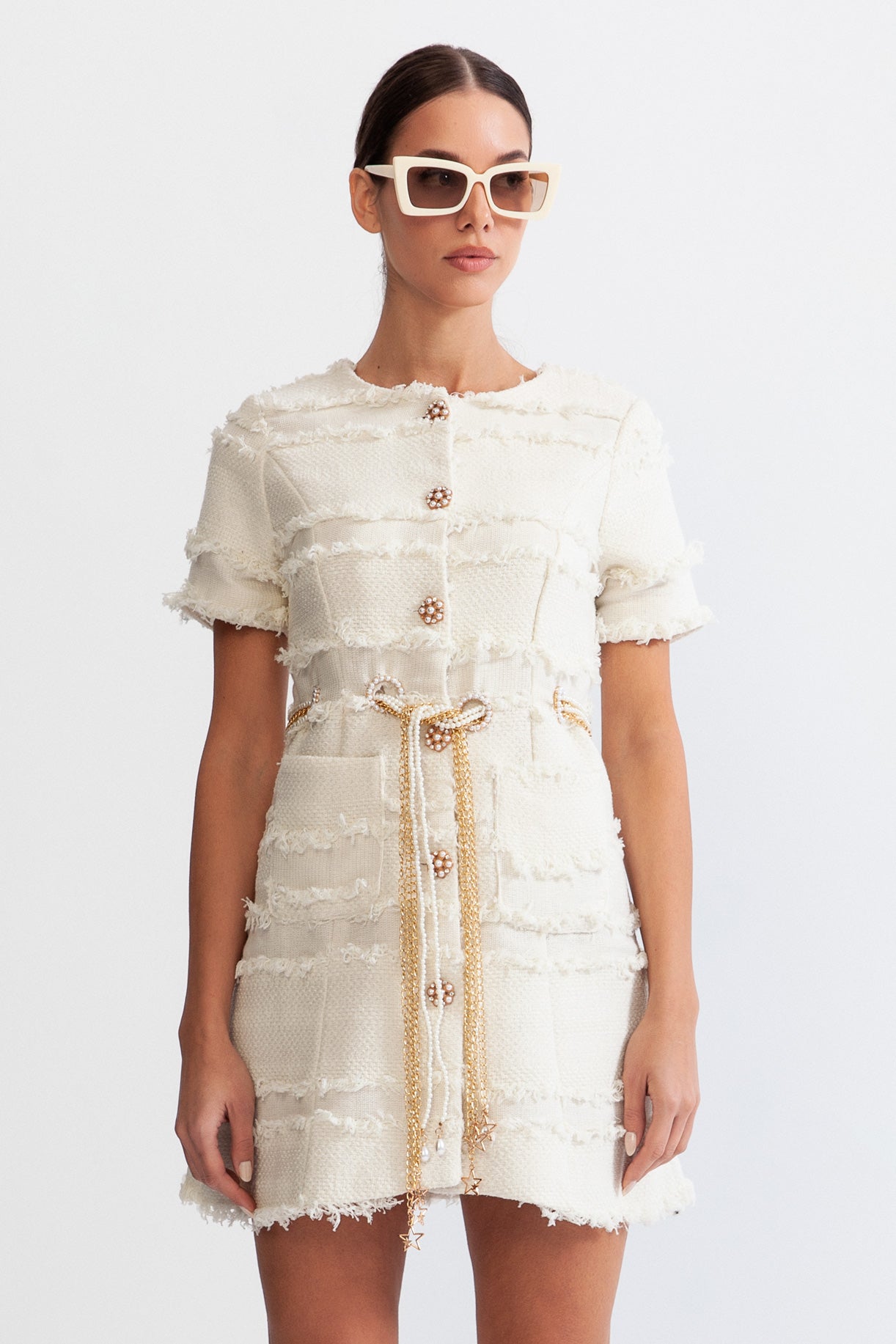 Robe en tweed à chaîne de perles - Beige