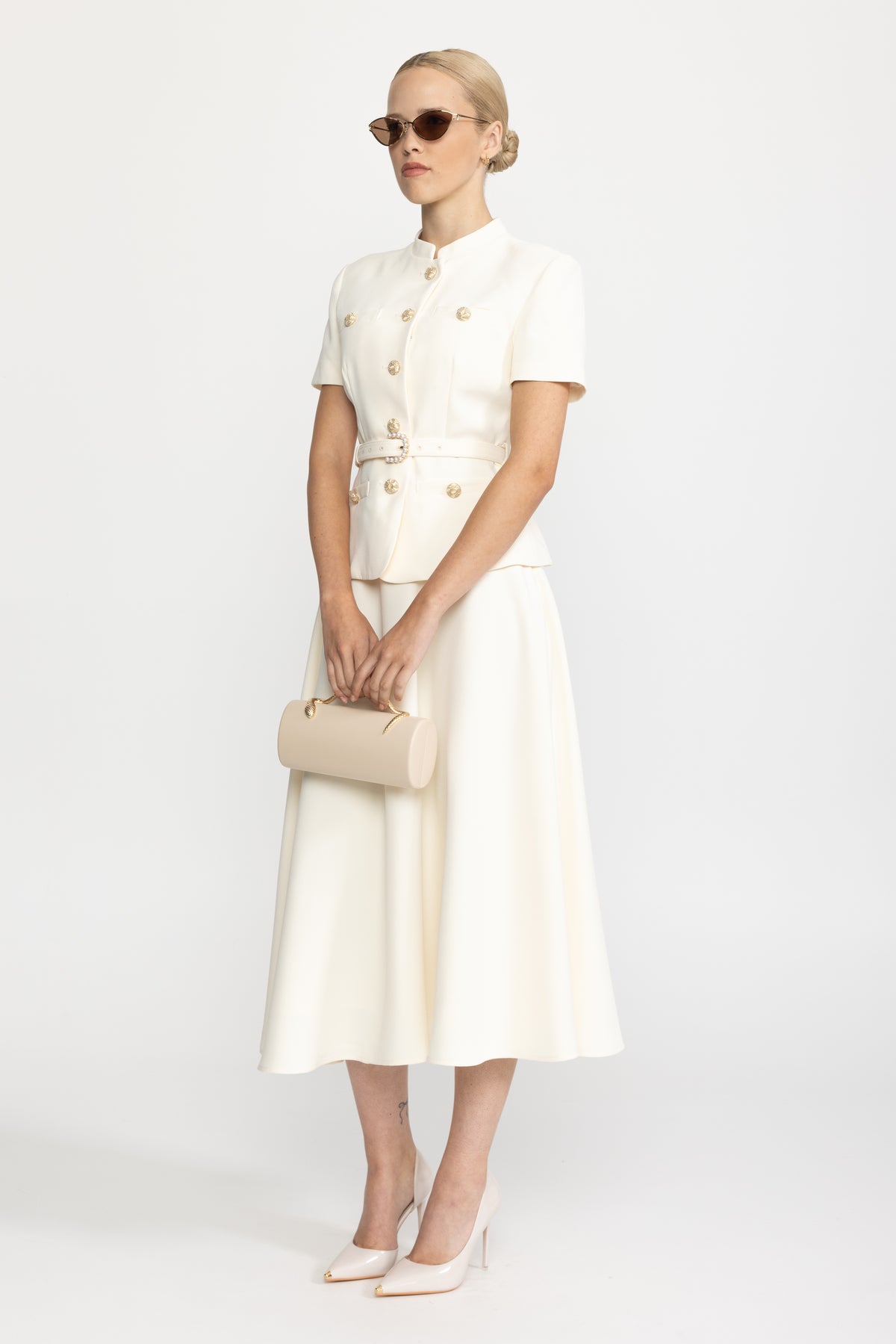 Belted Button Jacket and A-Line Midi Skirt Co-ord Set - Ivoire
