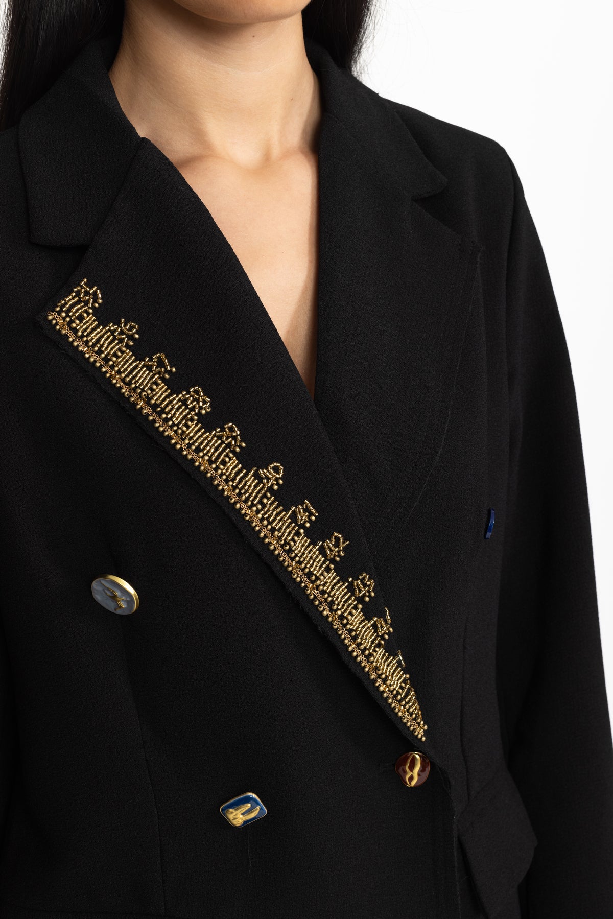 Manteau long croisé à revers ornés - noir