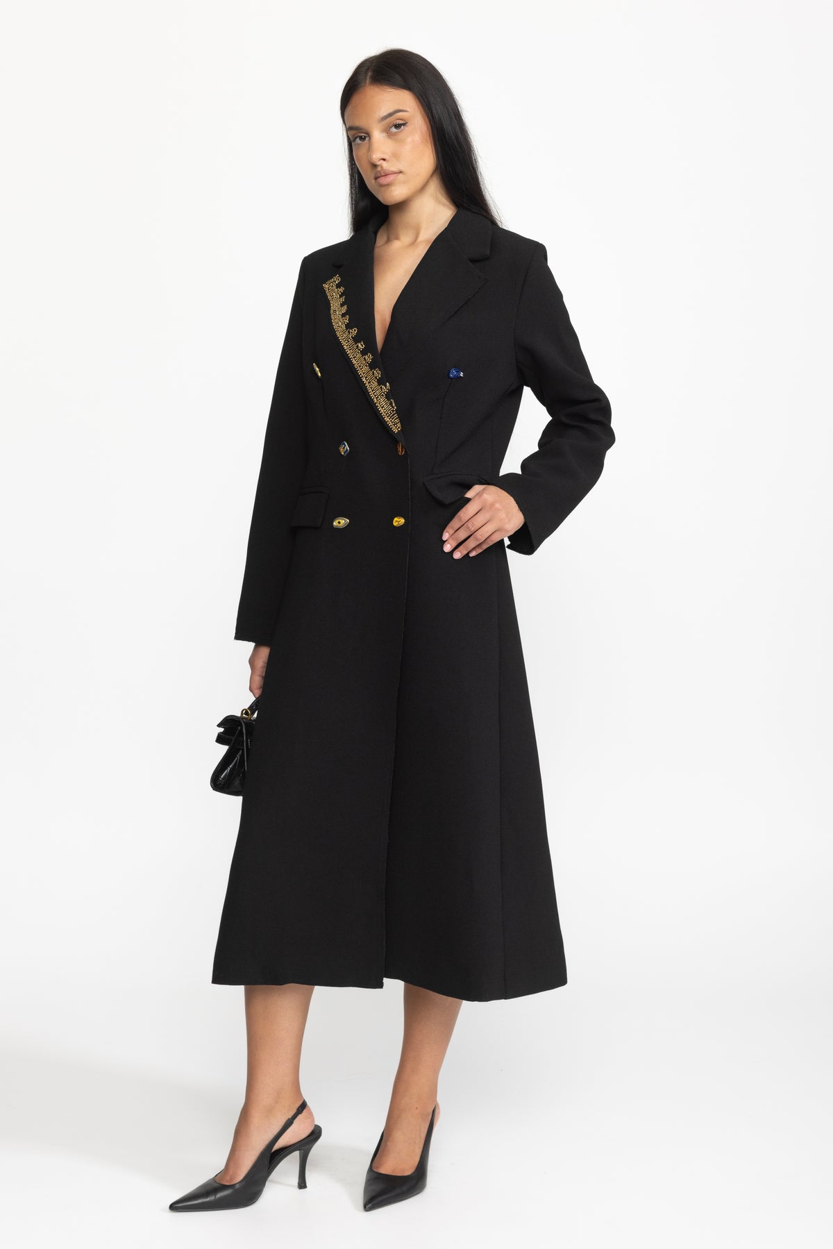 Manteau long croisé à revers ornés - noir