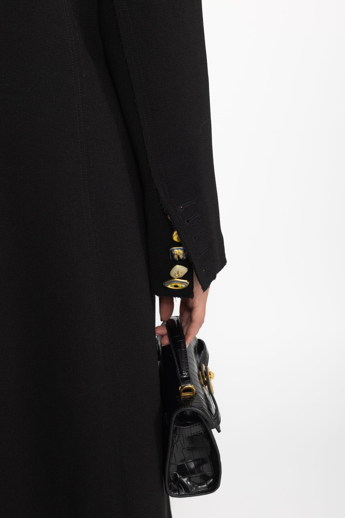 Manteau long croisé à revers ornés - noir