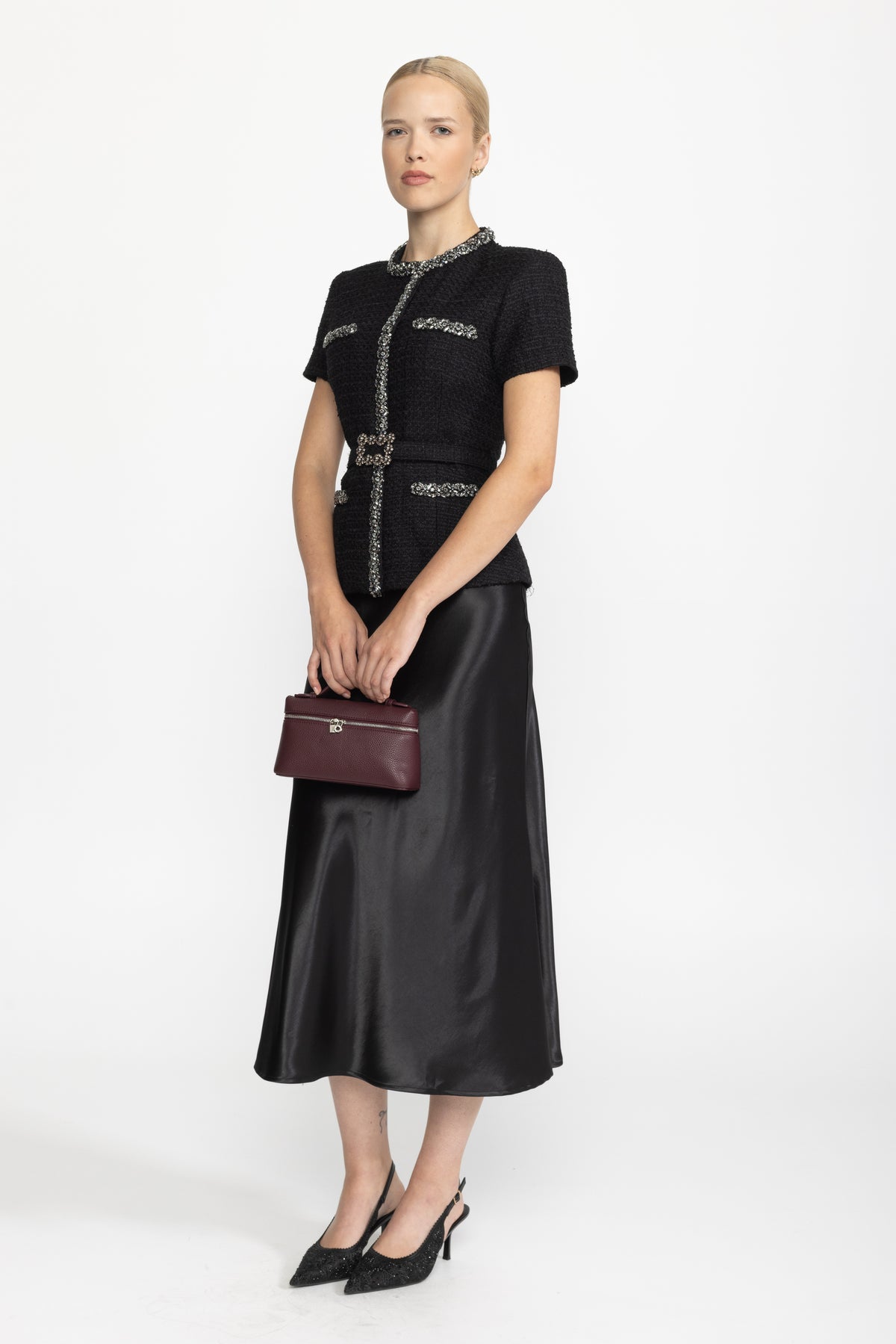 Robe midi à basque en tweed et satin ornée de cristaux - Noir