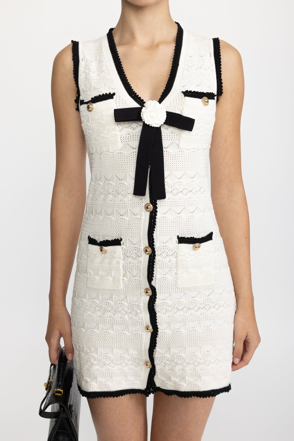 Robe mini sans manches en maille crochet avec détail nœud - Blanc