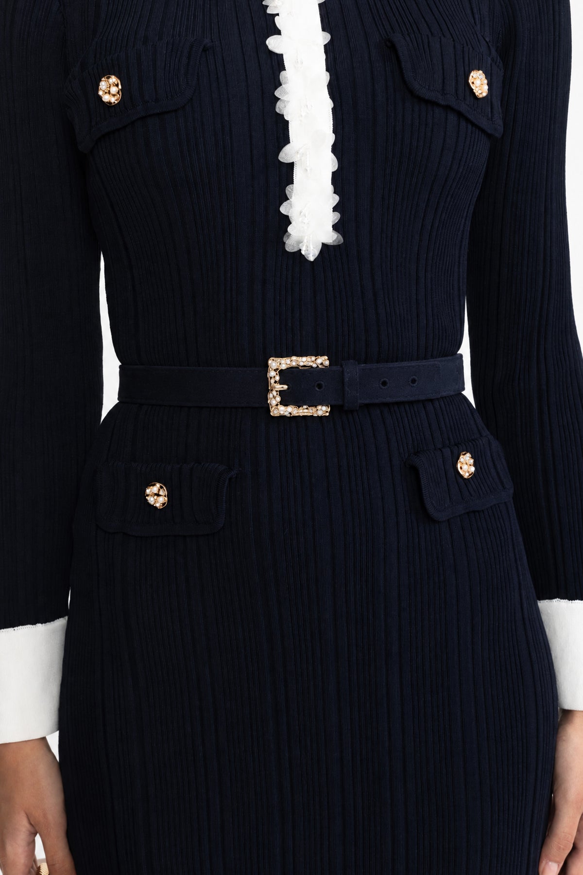 Robe midi ceinturée en maille côtelée avec bordure à volants en organza - Bleu marine