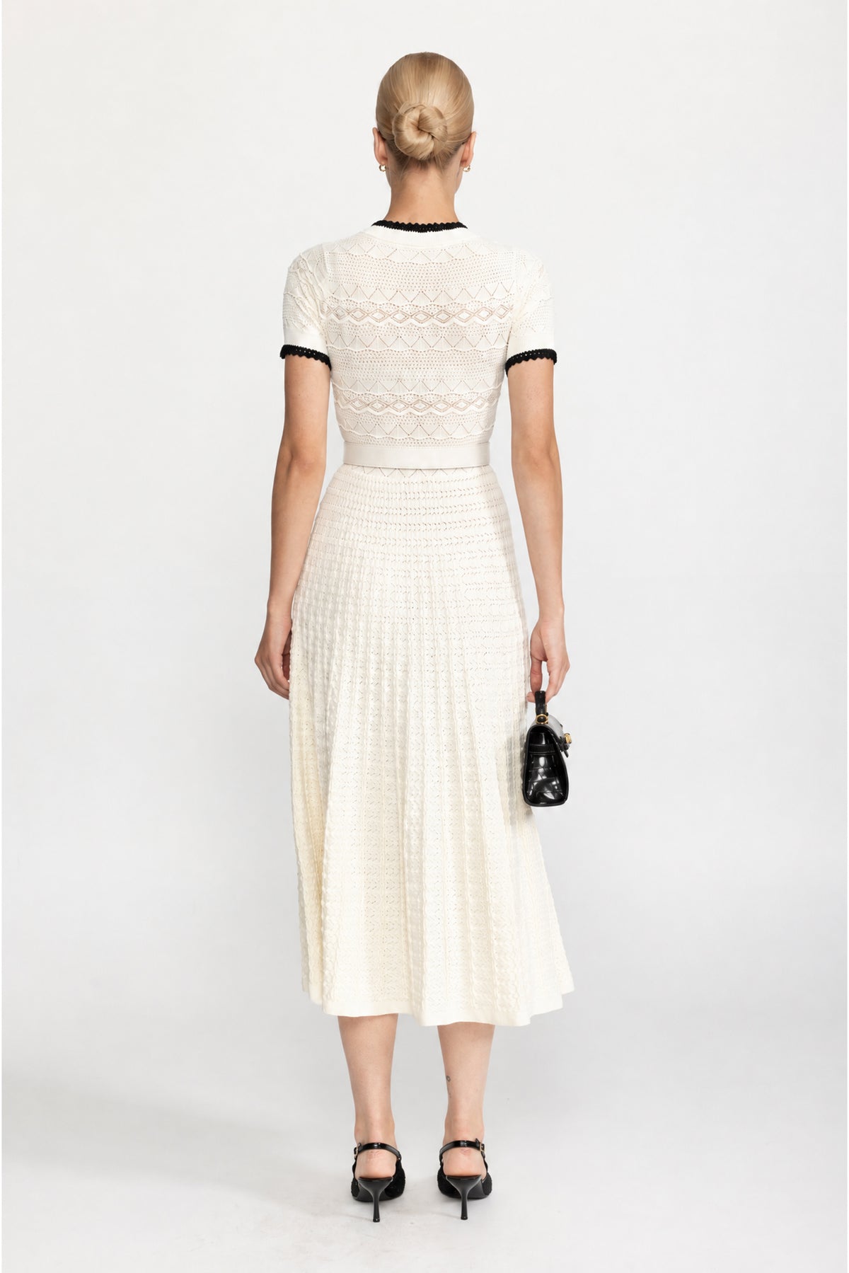 Robe midi ceinturée en maille pointelle - Ivoire