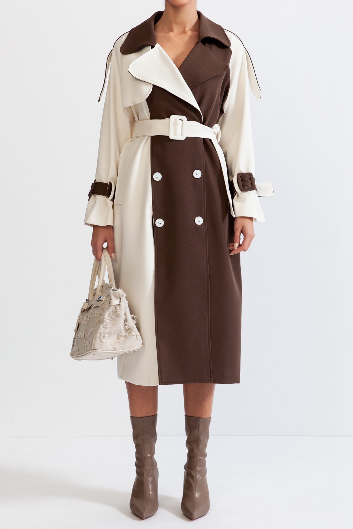 Trench-coat croisé bicolore - Crème & Marron