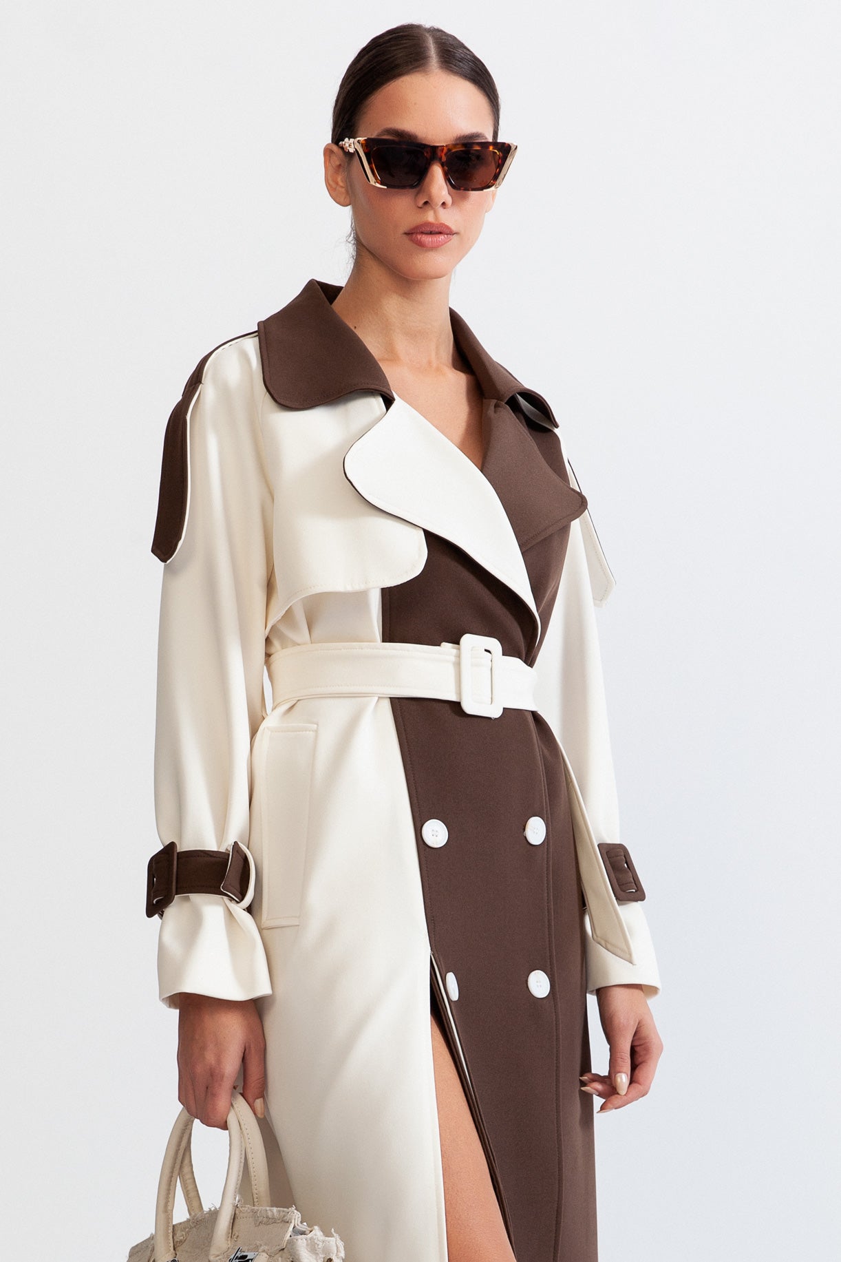 Trench-coat croisé bicolore - Crème & Marron
