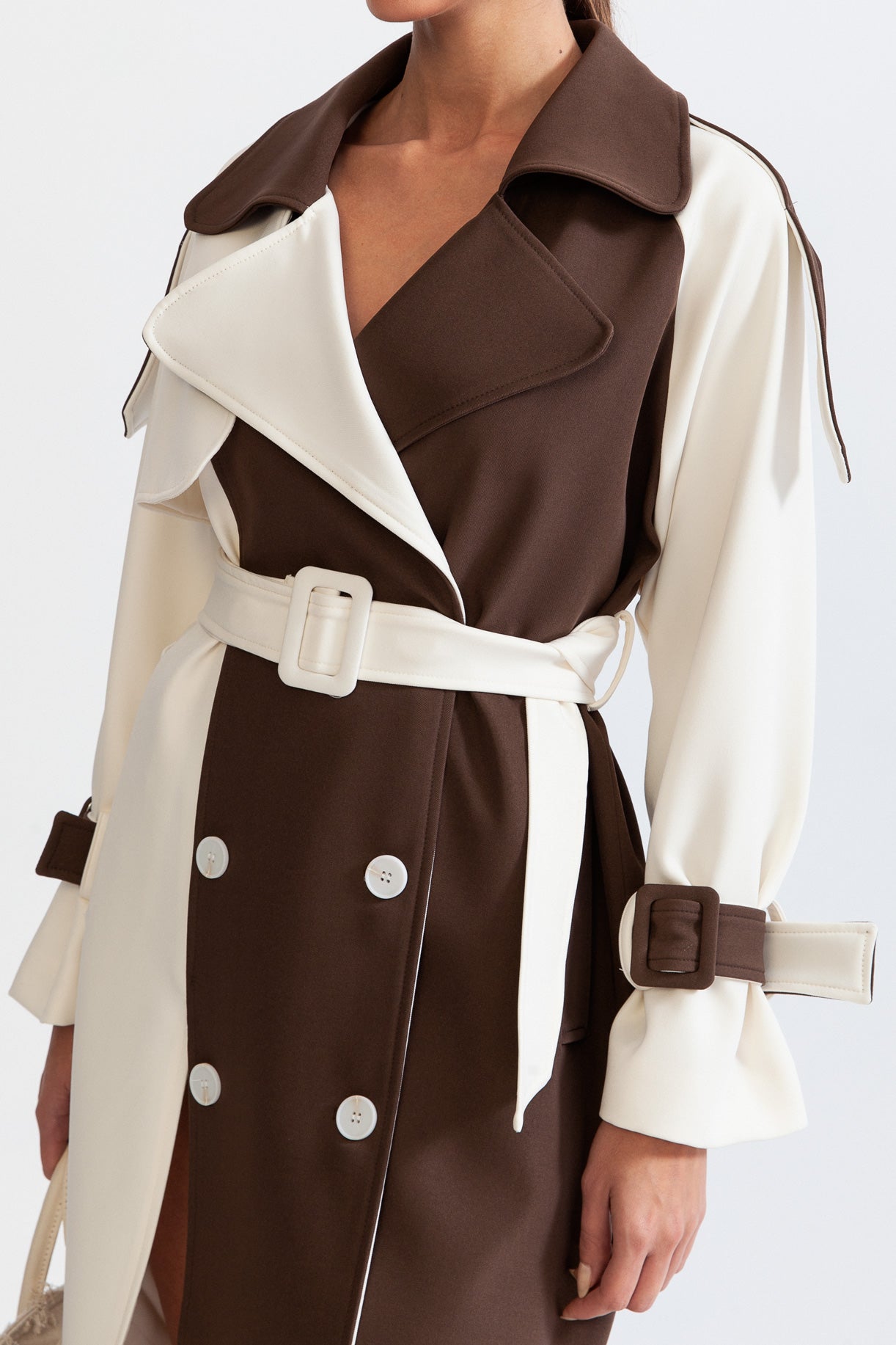 Trench-coat croisé bicolore - Crème & Marron