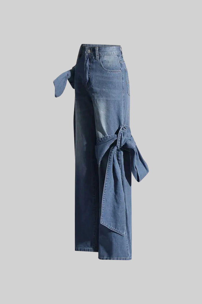 Jean à jambe large avec détails en nœud - Bleu