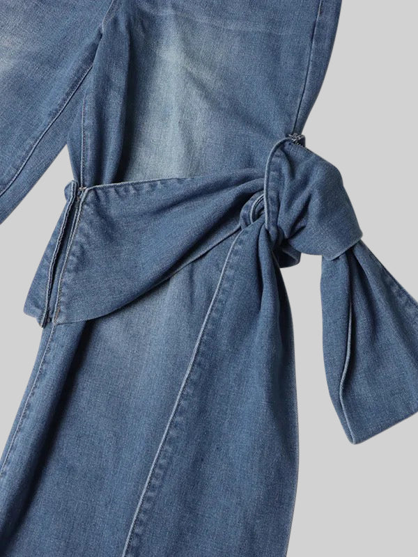 Jean à jambe large avec détails en nœud - Bleu