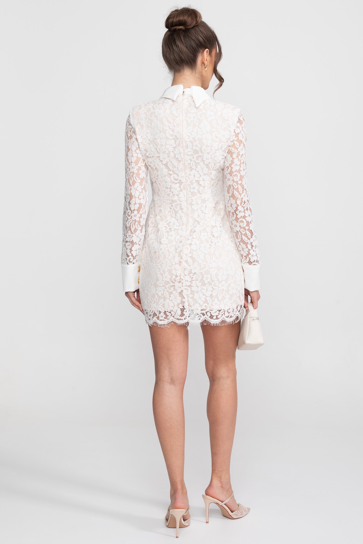 Robe mini en dentelle à manches longues avec ourlet festonné - Blanc