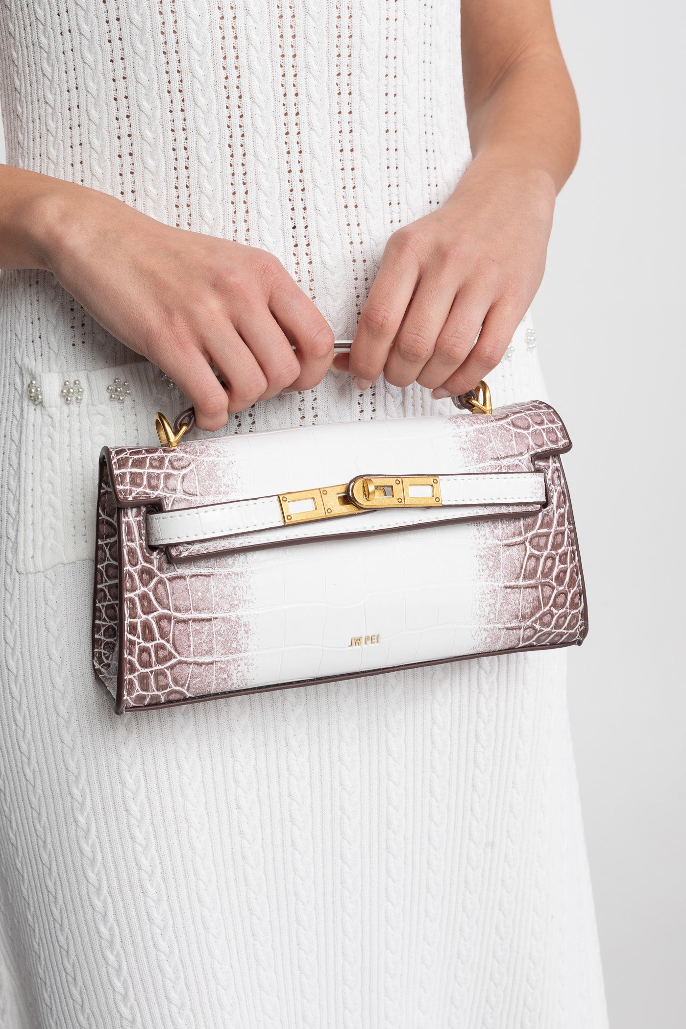 Sac mini structuré de style Kelly avec finitions dorées - Croco blanc cassé