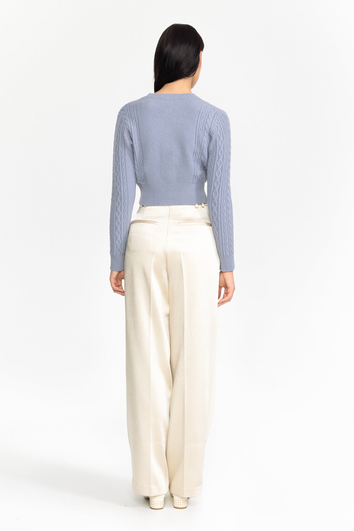 Cardigan en maille torsadée orné d’un nœud perlé - Bleu