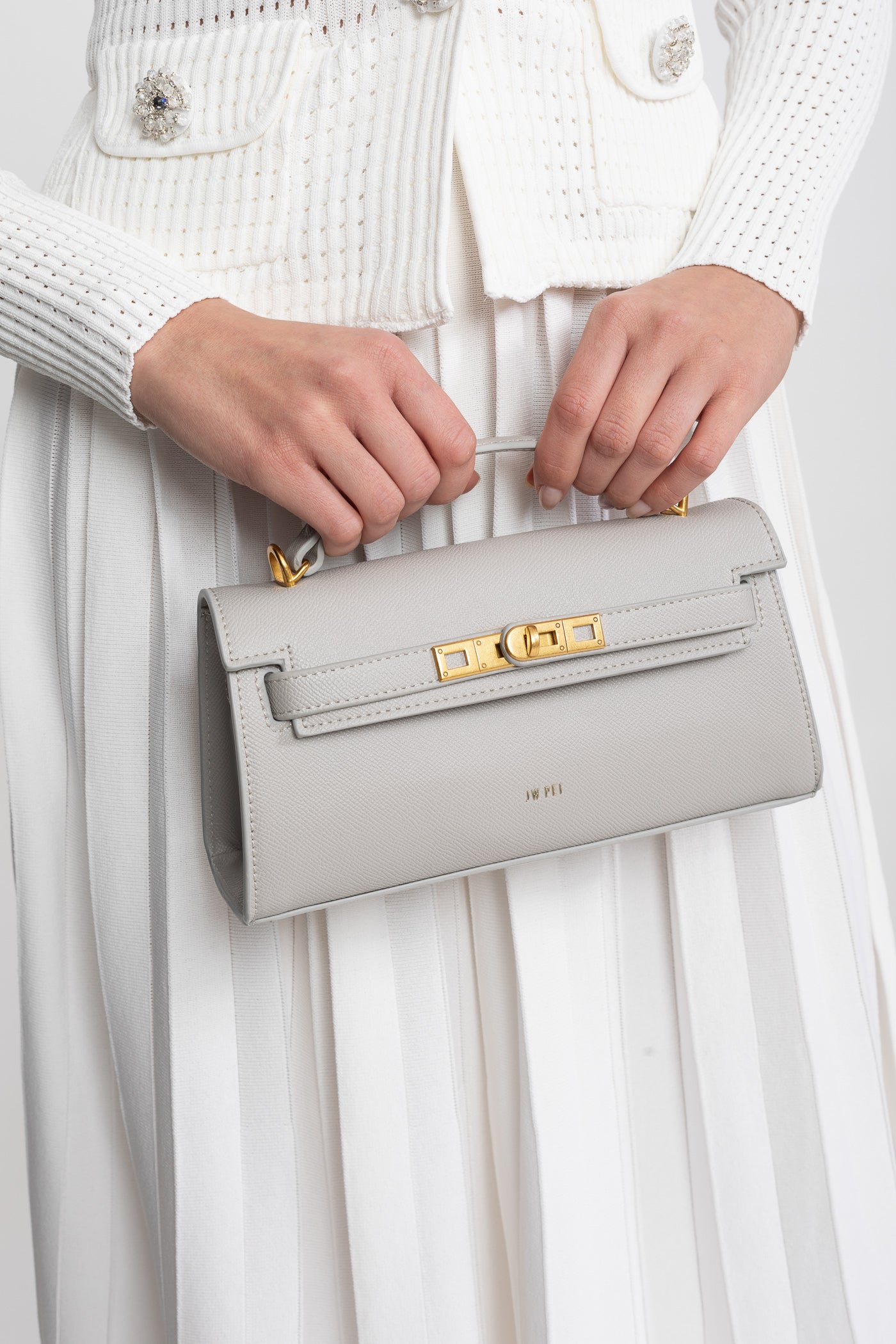 Sac mini structuré style Kelly avec finitions métalliques dorées - gris clair