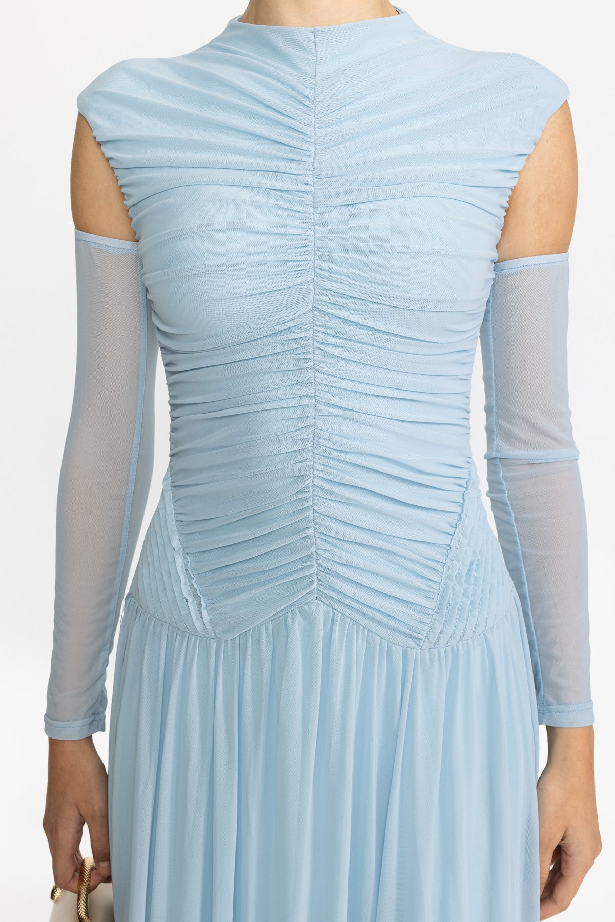 Ruched Mesh Drop Waist Maxi Dress - Sky Blue