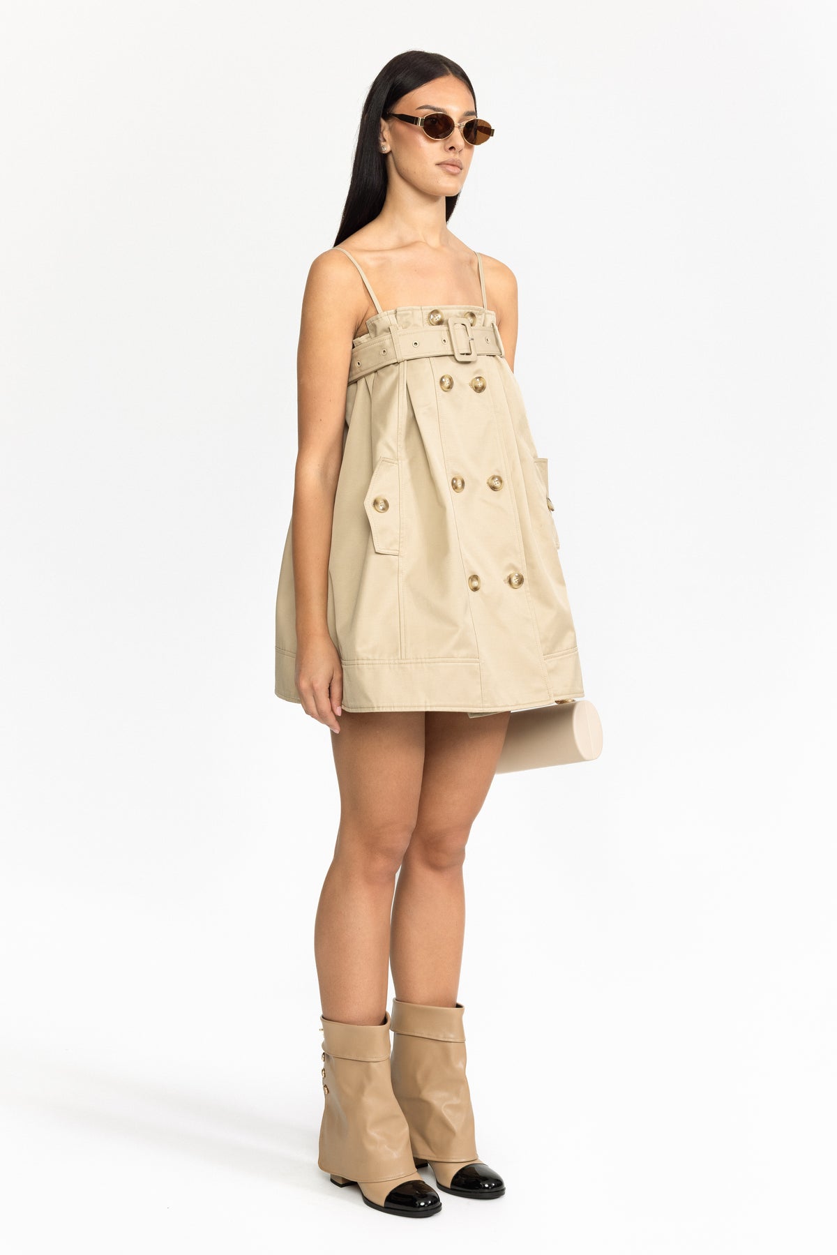 Belted Trench Babydoll Mini Dress - Khaki