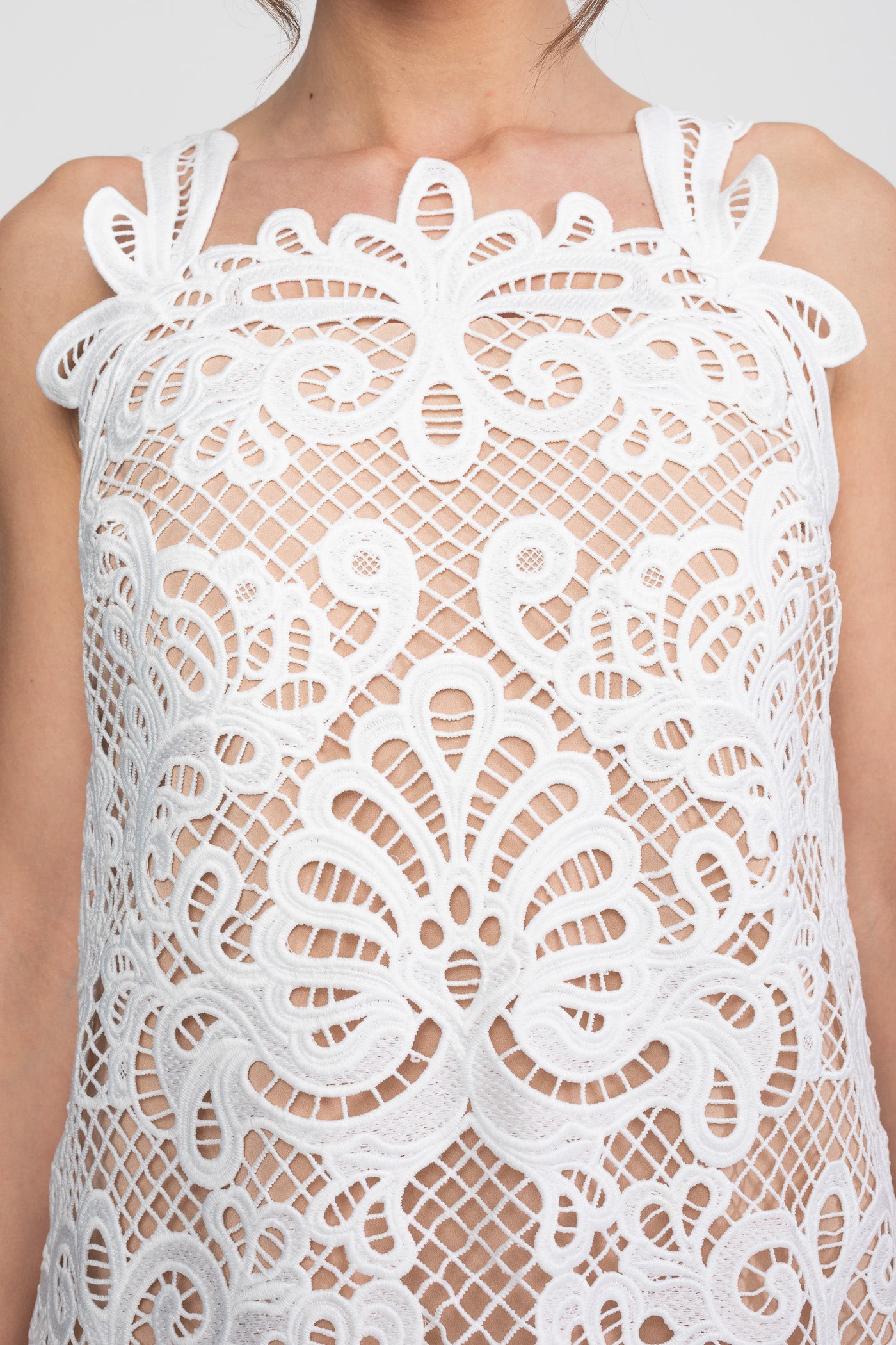 Robe mini sans manches en dentelle guipure avec ourlet festonné - Blanc