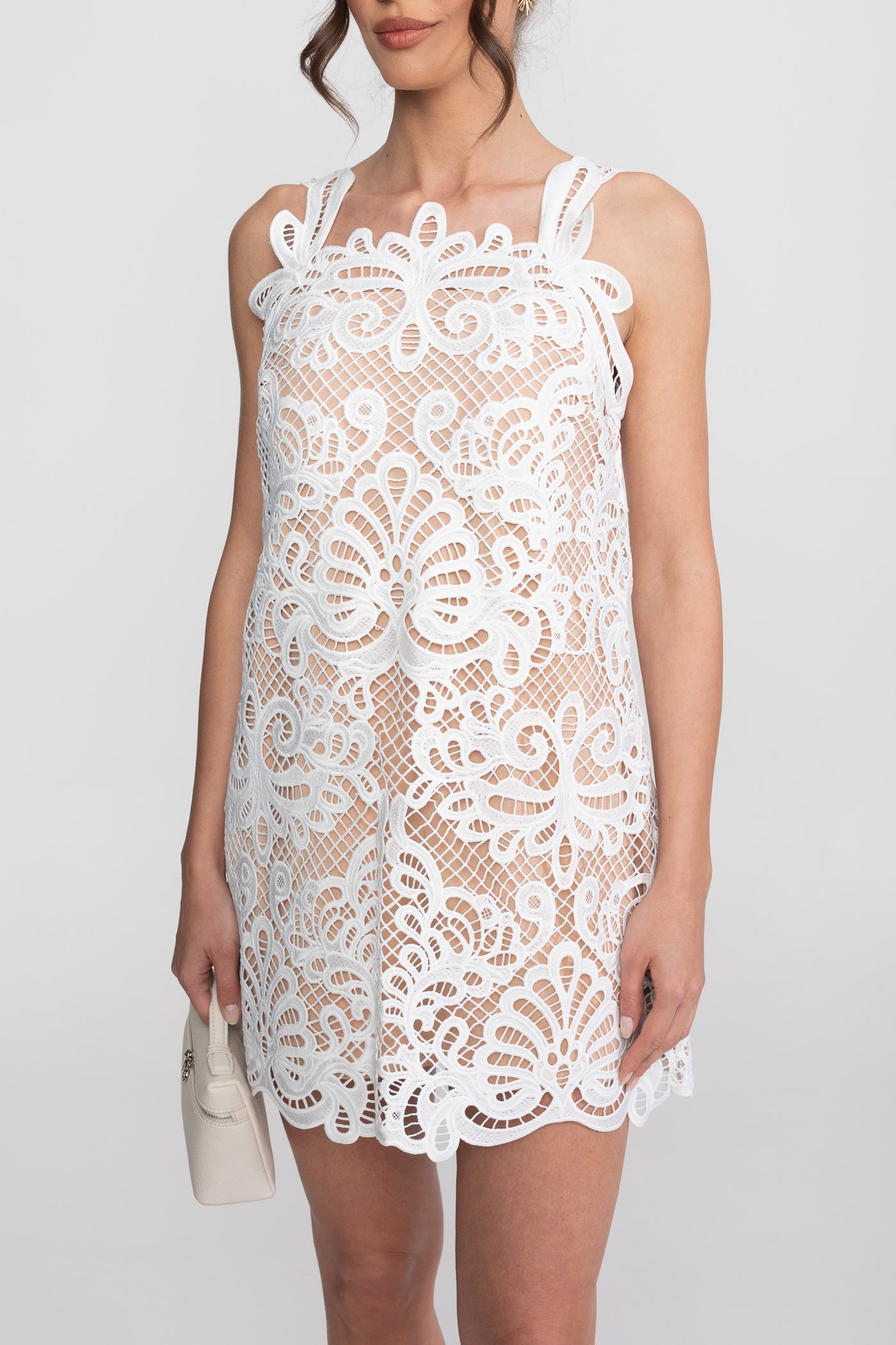Robe mini sans manches en dentelle guipure avec ourlet festonné - Blanc