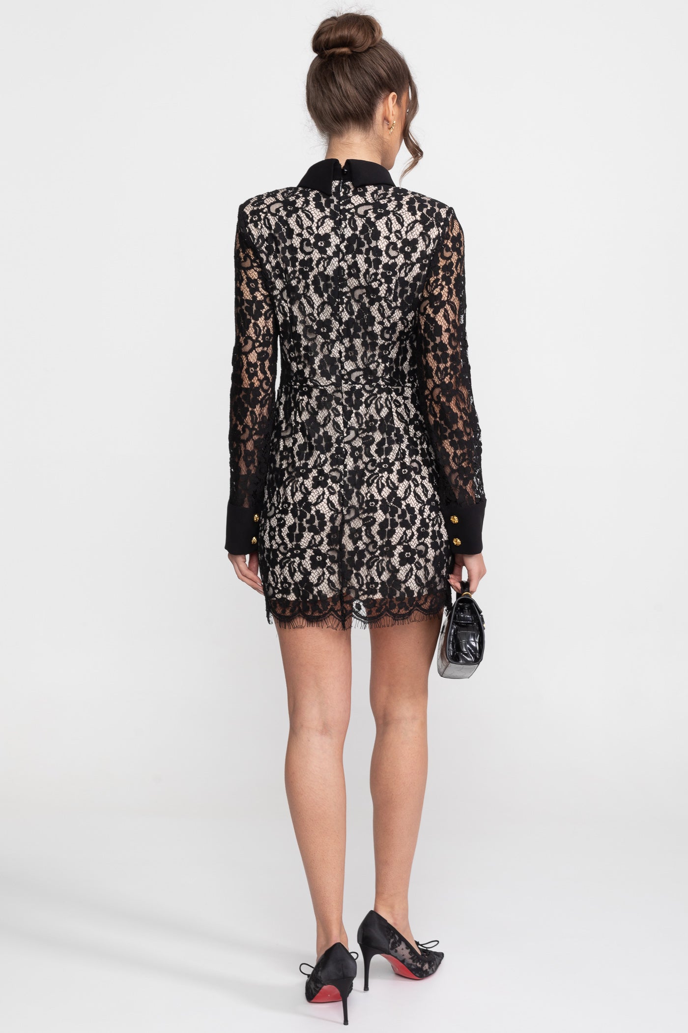 Robe mini en dentelle à manches longues avec ourlet festonné - Noir
