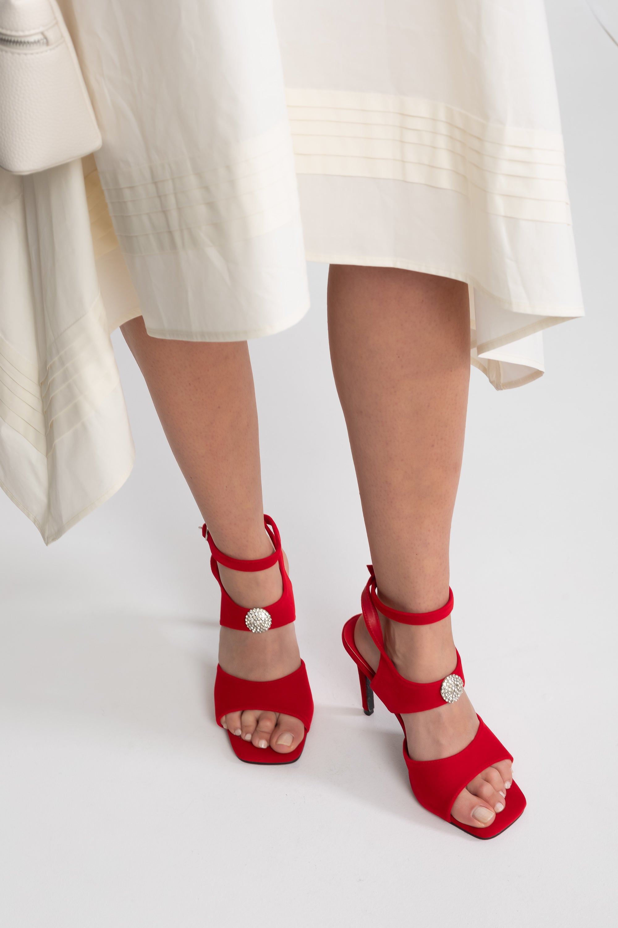 Suede High Heel Sandals With Crystal Embellished Detail - Red