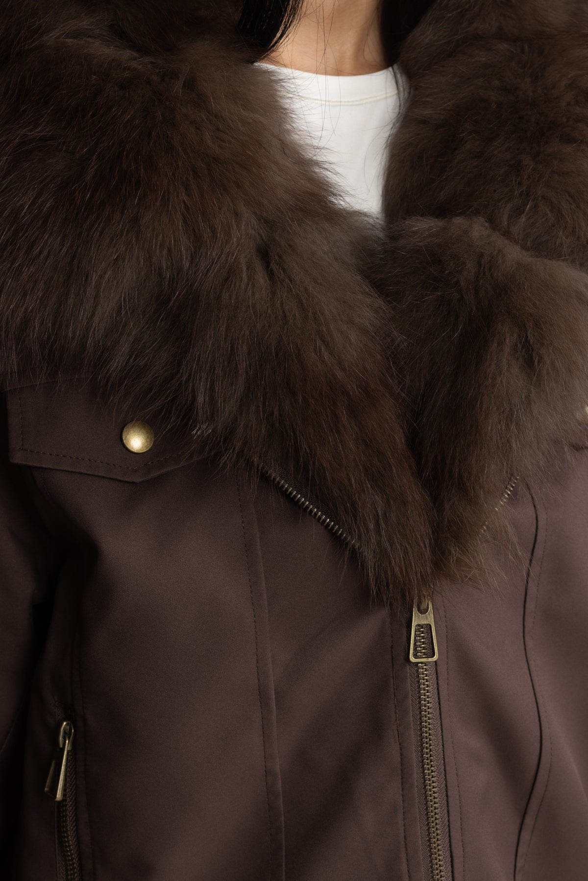 Parka utilitaire en duvet à col et poignets en fourrure de renard - Chocolate