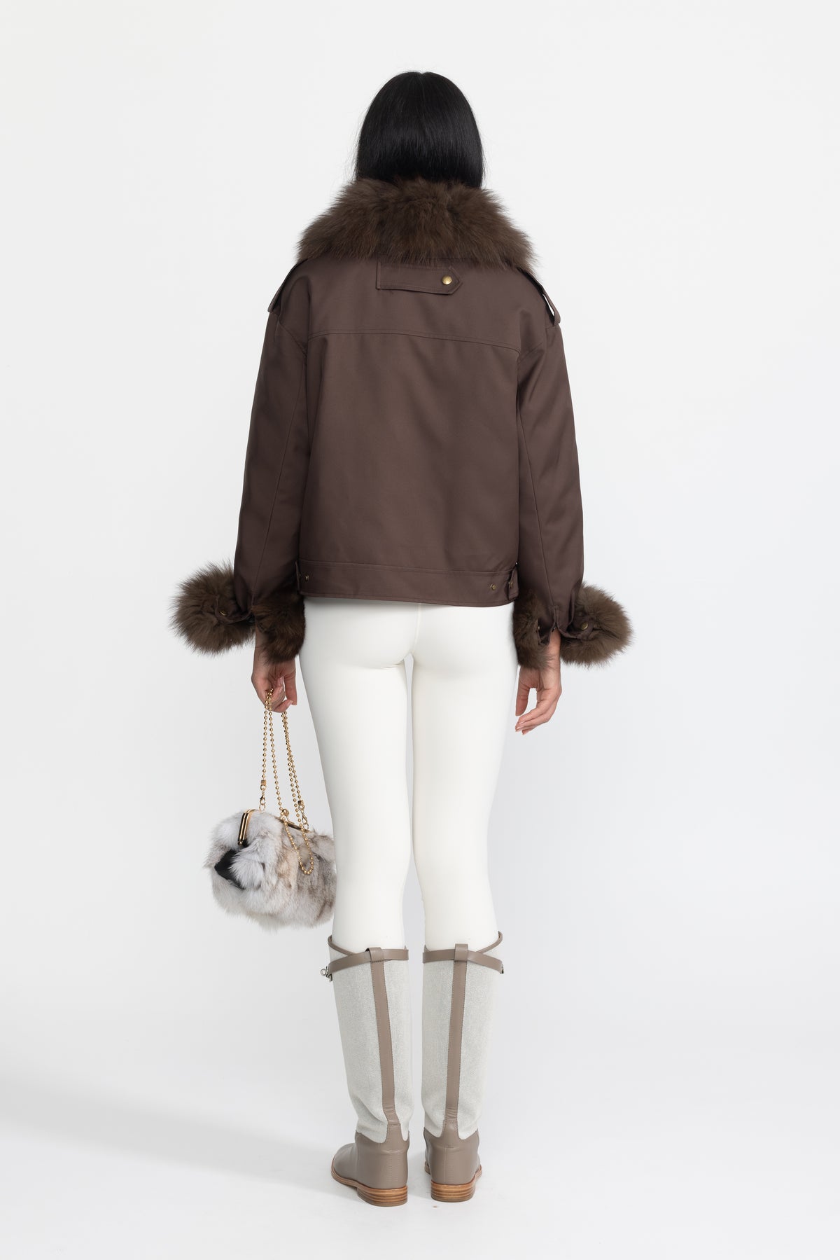 Parka utilitaire en duvet à col et poignets en fourrure de renard - Chocolate