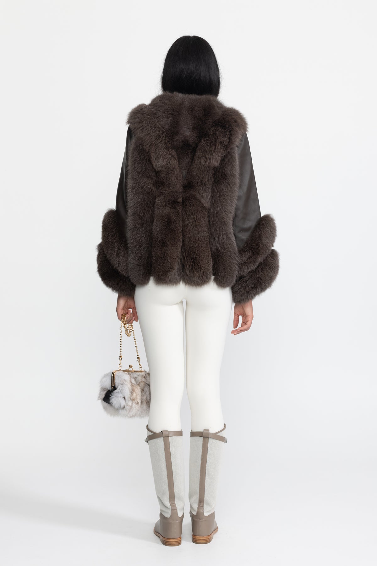 Fox Fur Panel Shearling Jacket - Chocolate