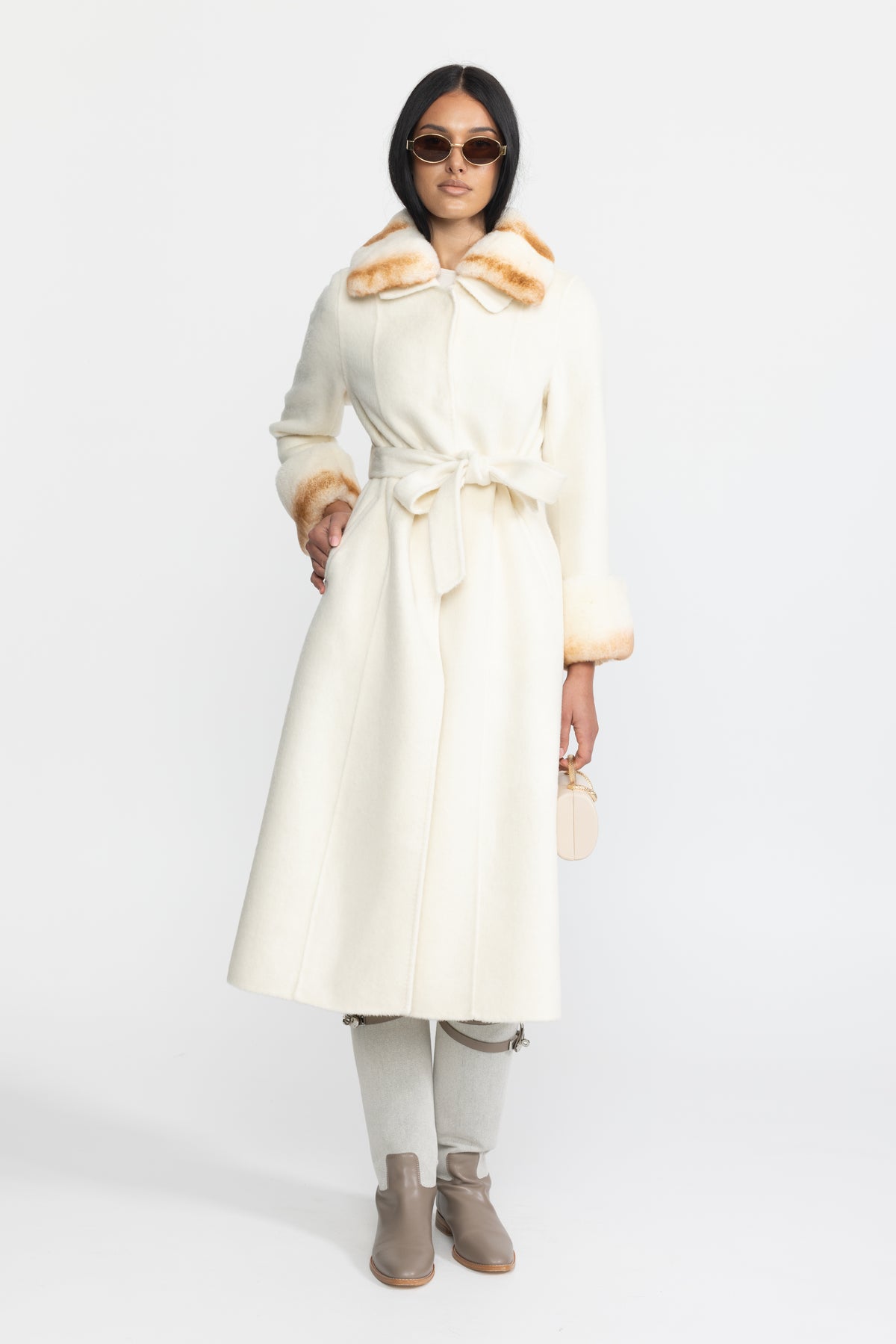 Manteau en laine avec capelet à col en fourrure de lapin Rex - Ivoire