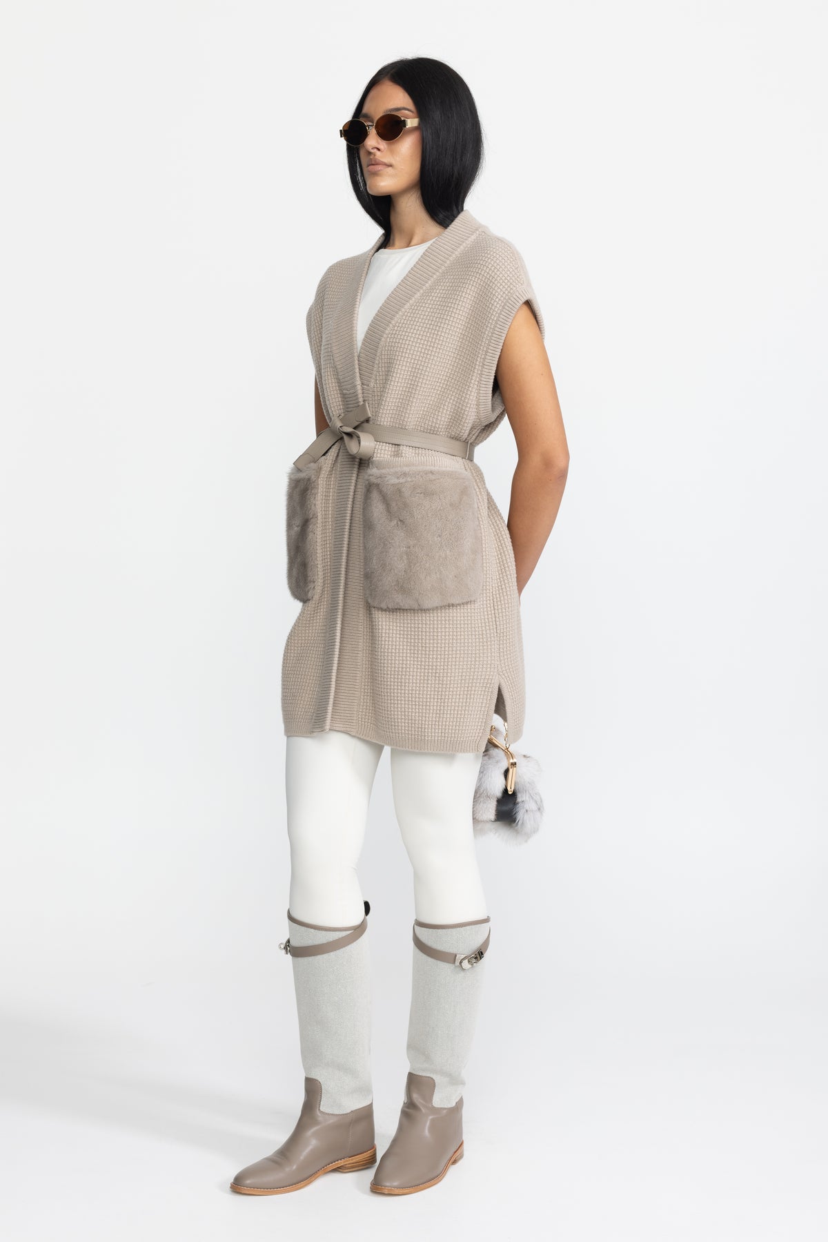 Belted Waffle Knit Gilet with Mink Fur Pockets - Beige
