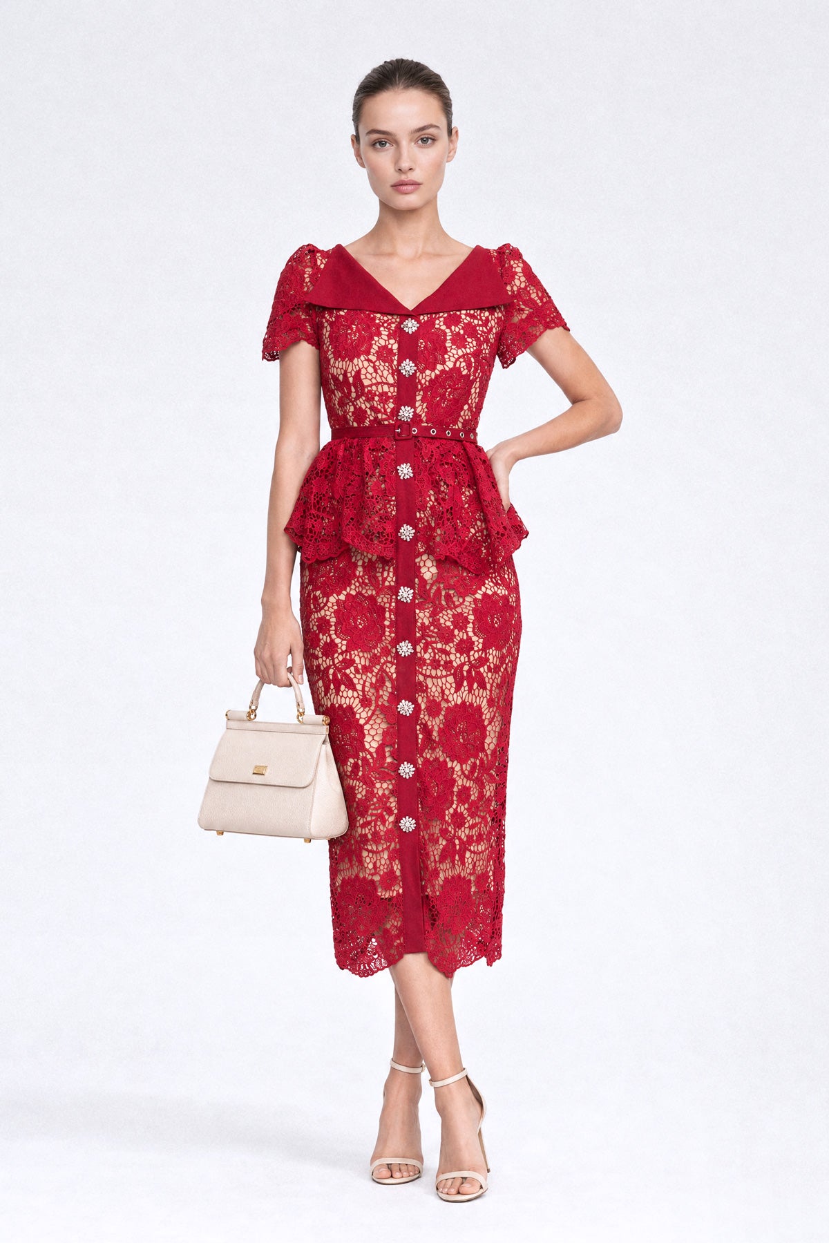 Robe midi peplum en dentelle à boutons cristal - Rouge