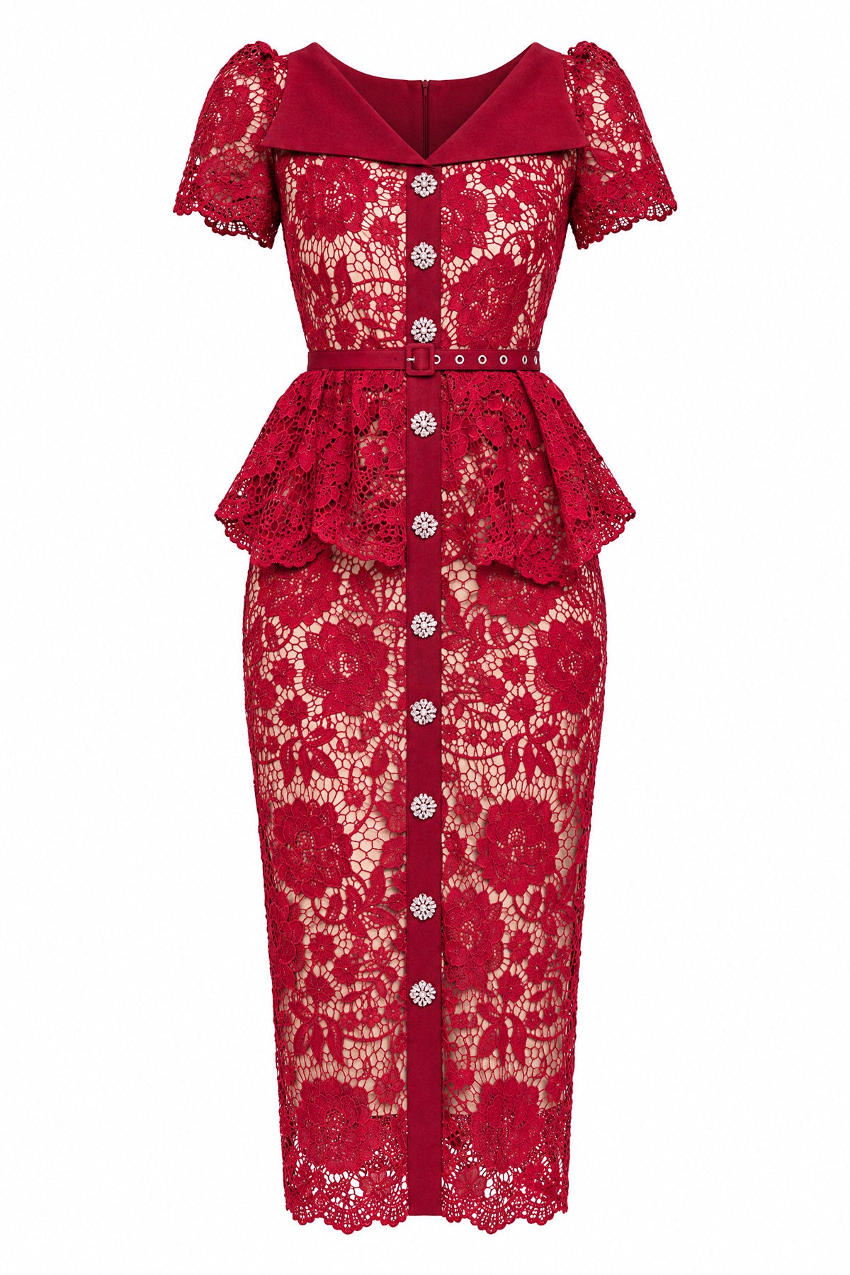 Robe midi peplum en dentelle à boutons cristal - Rouge