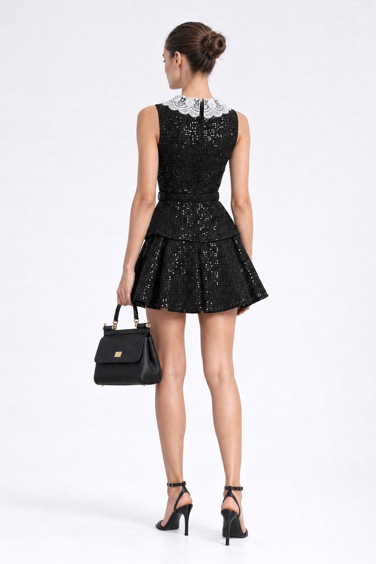 Robe courte péplum en tweed à sequins - Noir