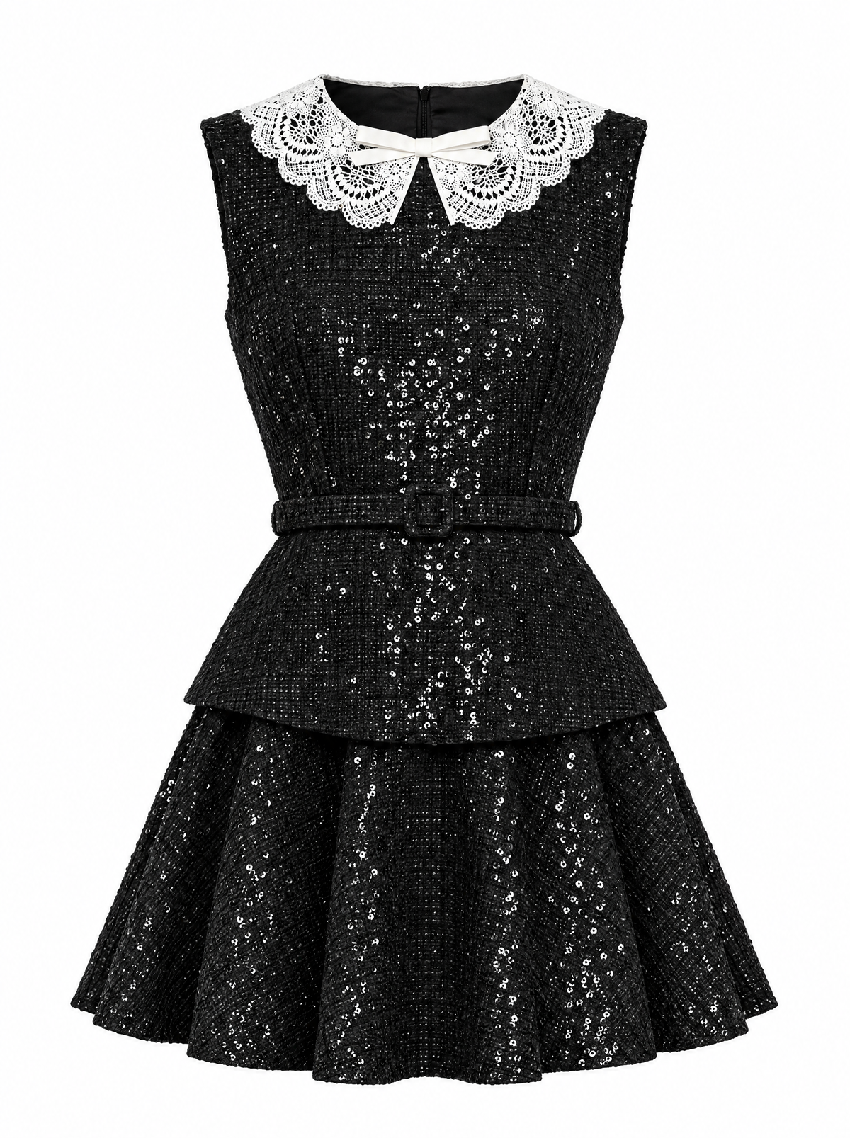 Robe courte péplum en tweed à sequins - Noir