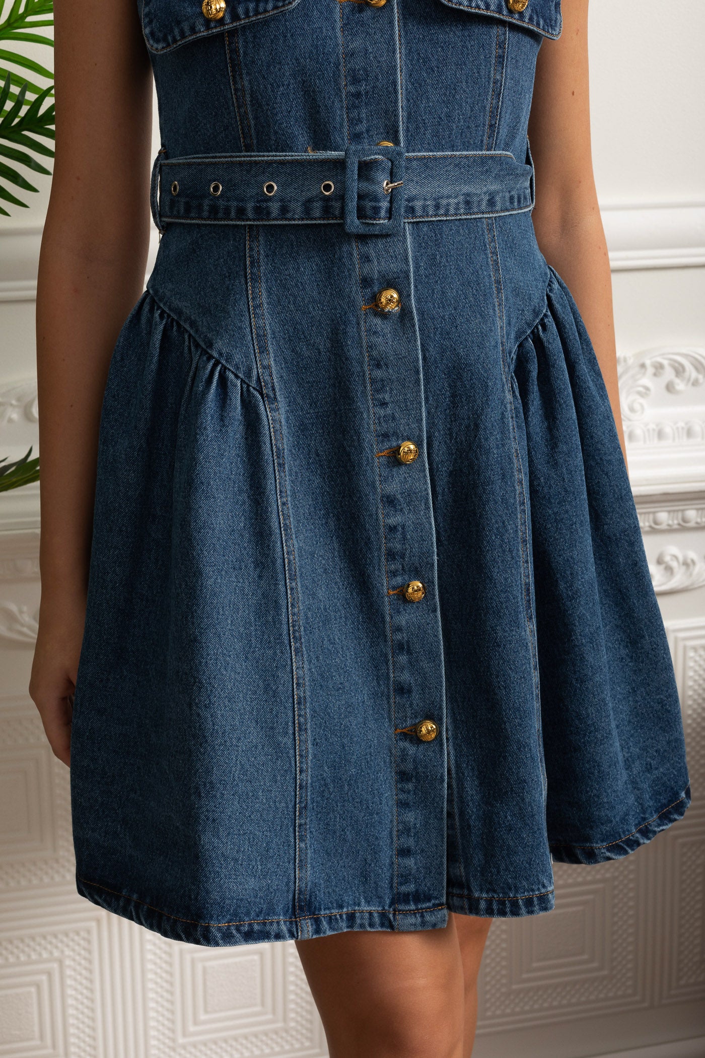 Robe Mini en Denim à Boutons et Ceinture - Bleu